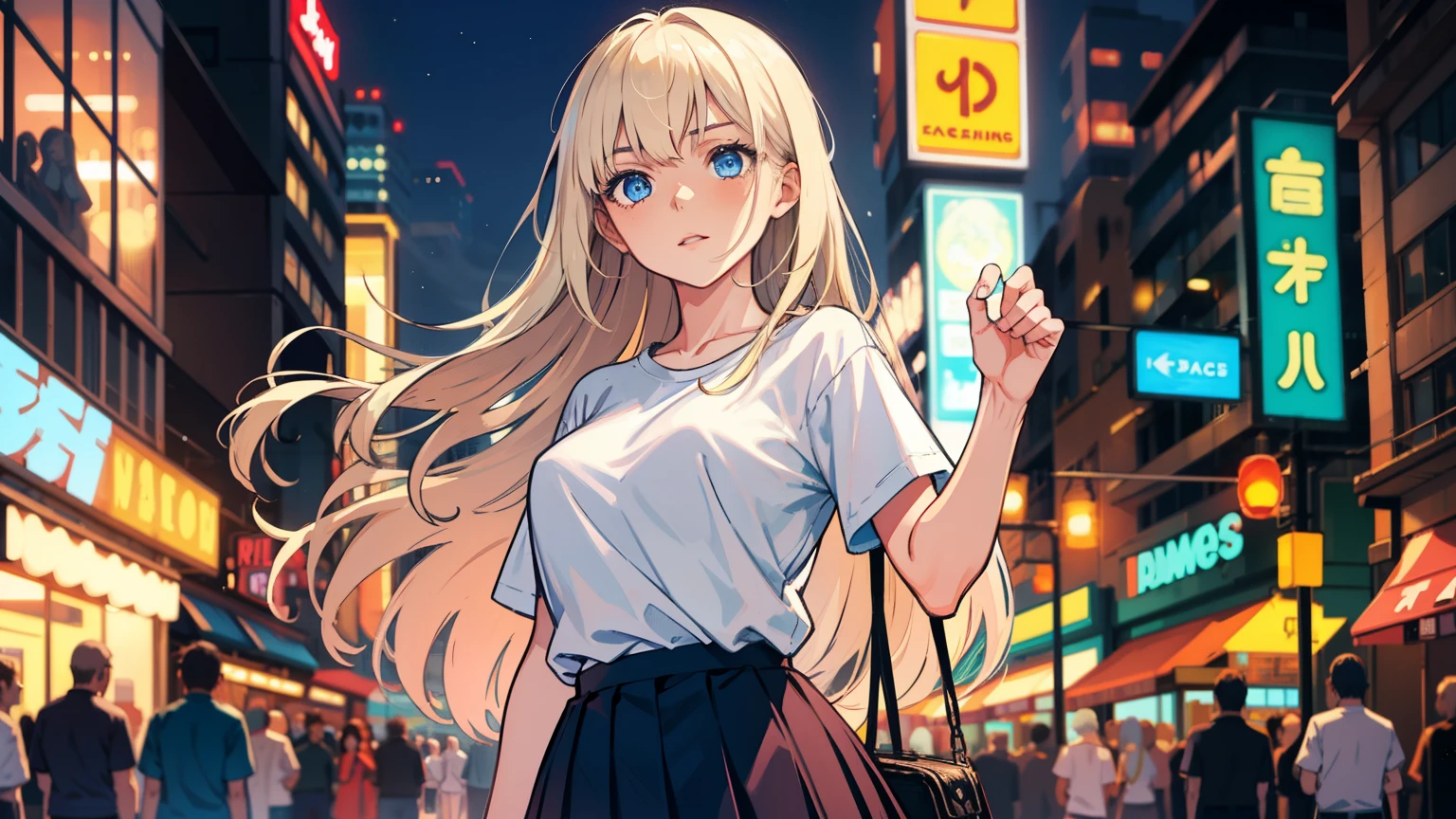masterpiece, best quality, refined facial features, dynamic pose, nsfw, 1girl, platinum blonde hair, long hair, blue eyes, medium lively breasts, on the street, night, neon signs, white t-shirt, braless, pleated skirt, poker face, front view, standing, in the crowd, face close up