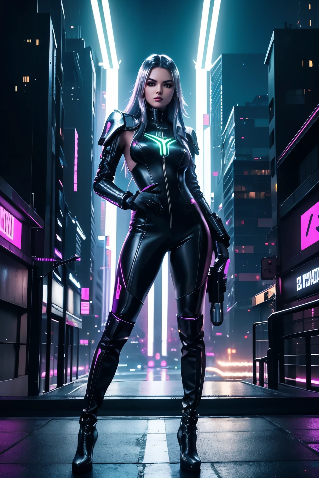 "Create an image of Electra, the AI-generated model, standing confidently in a cyberpunk-inspired outfit – a metallic silver jumpsuit hugging her figure, paired with thigh-high black boots. The backdrop is an urban cityscape with vibrant neon lights, enhancing the futuristic vibe. Ensure the pose reflects a perfect blend of strength and elegance. Bring this vision to life!"