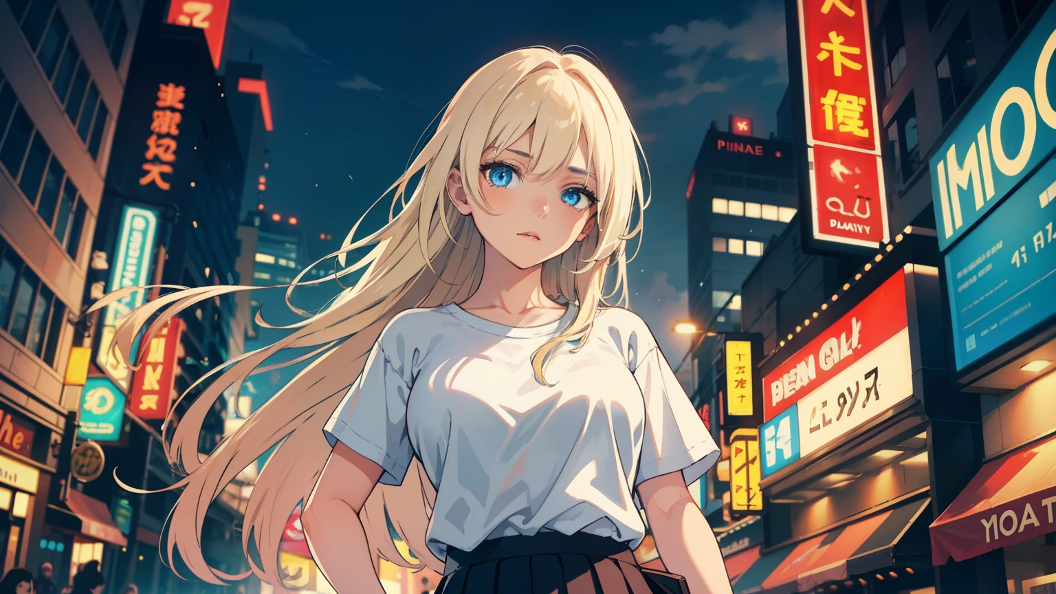 masterpiece, best quality, refined facial features, dynamic pose, nsfw, 1girl, platinum blonde hair, long hair, blue eyes, medium lively breasts, on the street, night, neon signs, white t-shirt, braless, pleated skirt, poker face, front view, standing, in the crowd, face close up