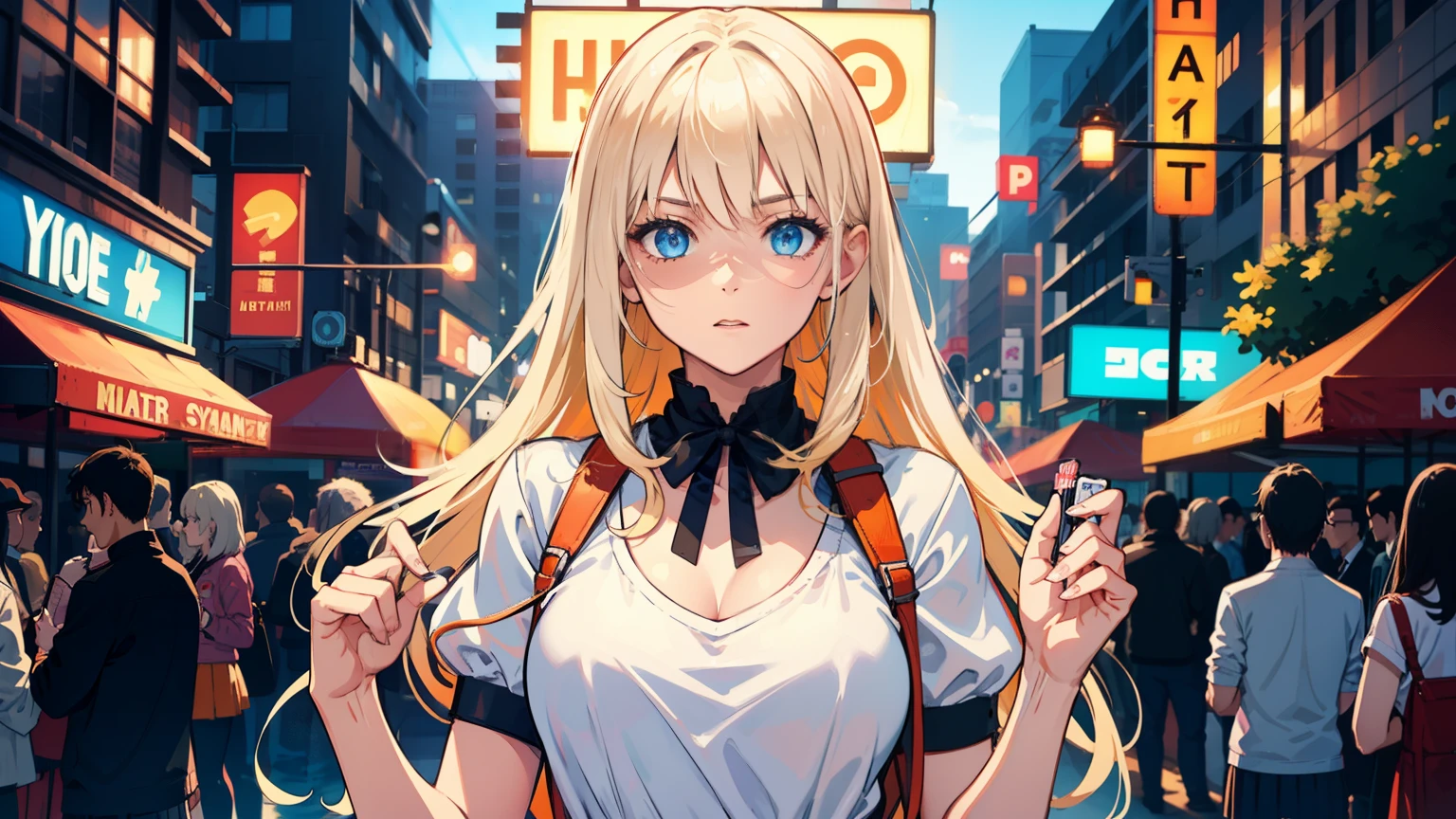 masterpiece, best quality, refined facial features, dynamic pose, nsfw, 1girl, platinum blonde hair, long hair, blue eyes, medium lively breasts, on the street, night, neon signs, white t-shirt, braless, pleated skirt, poker face, front view, standing, in the crowd, face close up