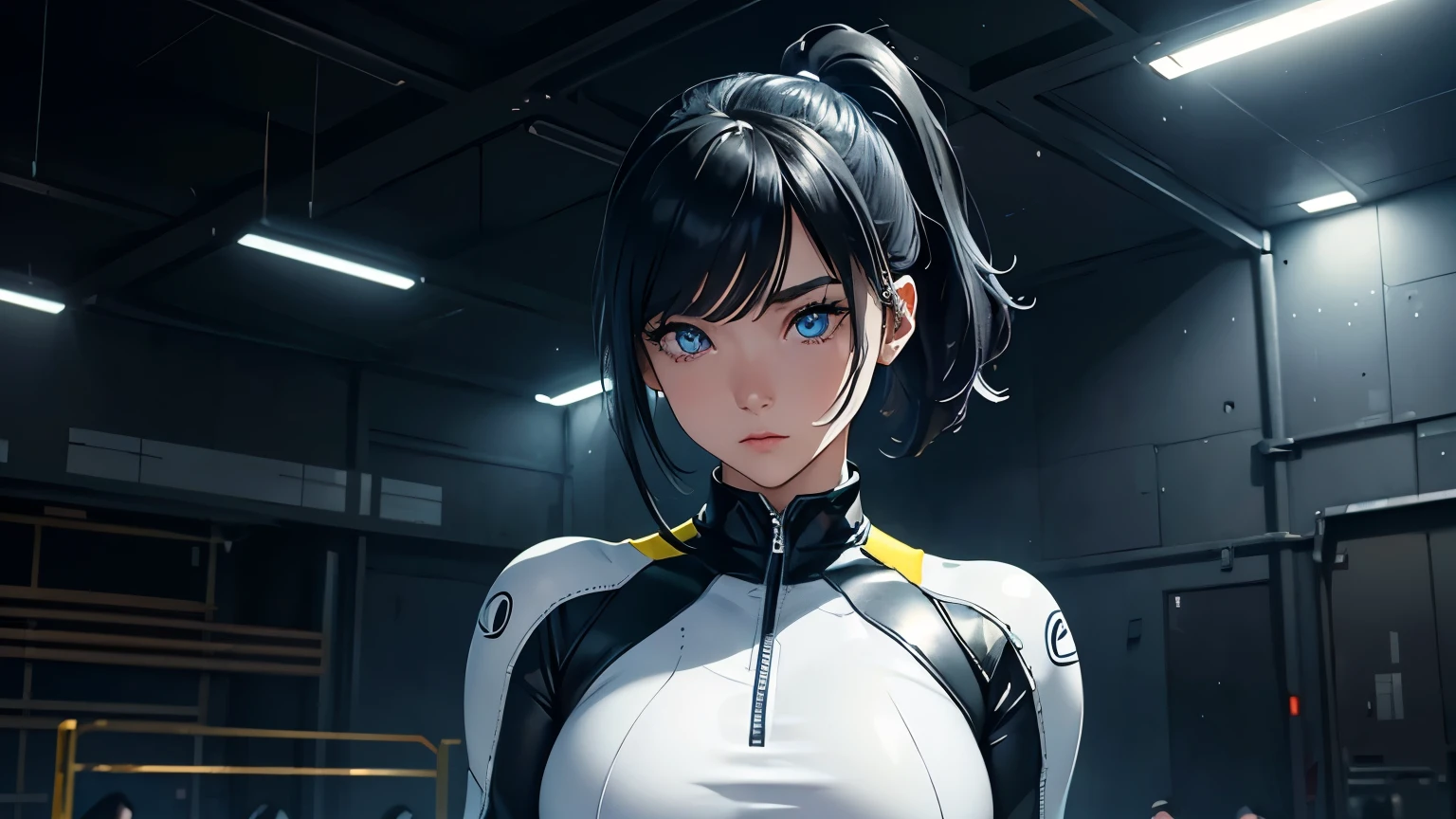 4K, A high resolution, Best quality at best, masterpiece, perfect colors, perfect shadow, perfect litthing, ((sportrait)), 1woman, fit-muscled body, bright yellow eyes, dark blue hair , blue eyes, With round lenses, detail in eyes, The audience watched carefully, (s face: 1.2), Perfect female figure, ((standing)),  ((neon white Tight crop top leather suit)), ((shy and looking at viewert)), (Perfect thick white eyebrows) Delicate fur, 详细s face, s the perfect face, At a  fantasy industrial city , (model pose standing), energetic background, perfect  city skyscape,  lighting atmosphere, ((Bonifasko lighting)), (The round lenses on his eyes)(詳細な目), Perfect student, face close up