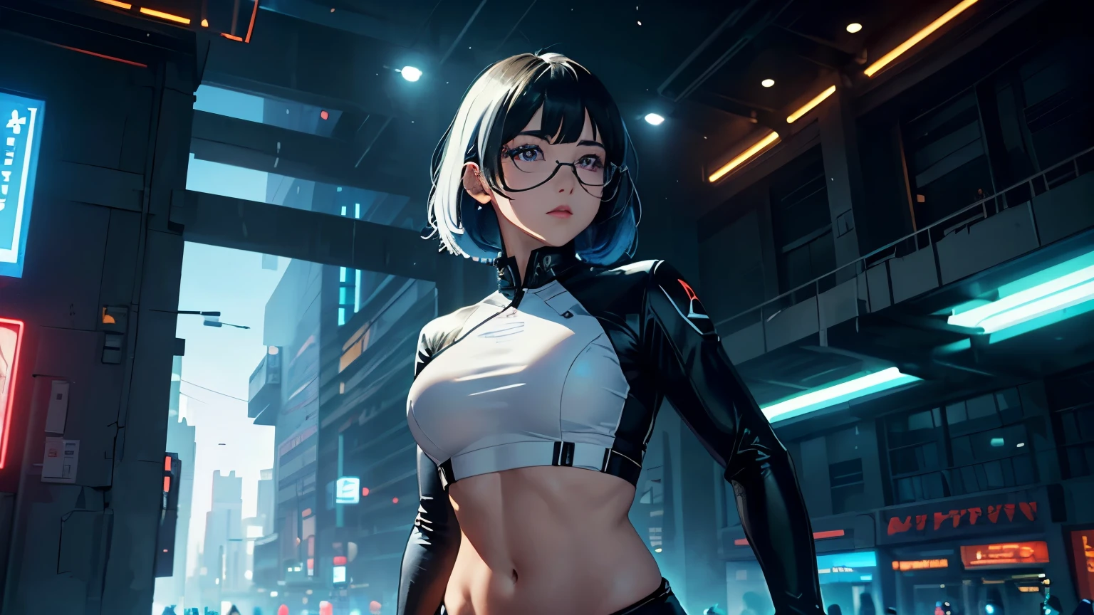 4K, A high resolution, Best quality at best, masterpiece, perfect colors, perfect shadow, perfect litthing, ((sportrait)), 1woman, fit-muscled body, bright yellow eyes, dark blue hair , blue eyes, With round lenses, detail in eyes, The audience watched carefully, (s face: 1.2), Perfect female figure, ((standing)), ((neon white Tight crop top leather suit)), ((shy and looking at viewert)), (Perfect thick white eyebrows) Delicate fur, 详细s face, s the perfect face, At a fantasy industrial city , (model pose standing), energetic background, perfect city skyscape, lighting atmosphere, ((Bonifasko lighting)), (The round lenses on his eyes)(詳細な目), Perfect student, face close up