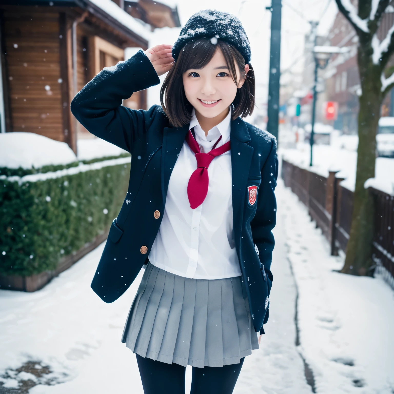 (masterpiece:1.2), super high quality, japanese girl, (super realistic), (super photographic style), 1girl, ((full body)),  short hair, (18 years old), stylish body, (large tits), (cute face), (((school uniform))), (((thighs))), standing on a street, round eyes, (((black fullcoverd-tights))), view from back, smiling, (((a snow day))), she is standing with her back to me, 