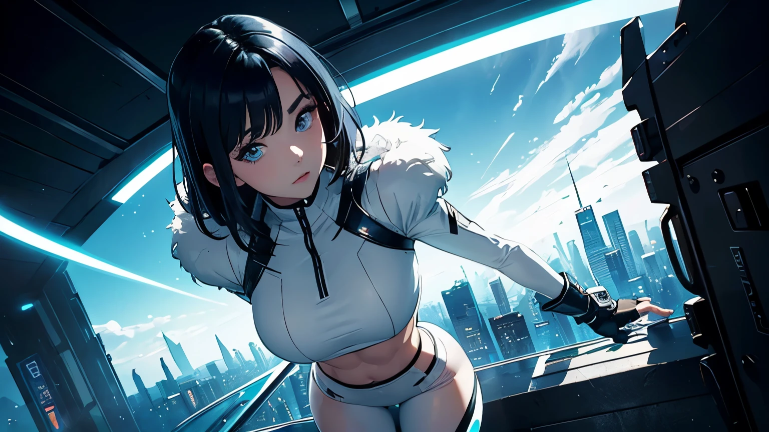 4K, A high resolution, Best quality at best, masterpiece, perfect colors, perfect shadow, perfect litthing, ((sportrait)), 1woman, fit-muscled body, bright yellow eyes, dark blue hair , blue eyes, With round lenses, detail in eyes, The audience watched carefully, (s face: 1.2), Perfect female figure, ((standing)),  ((neon white Tight crop top leather suit)), ((shy and looking at viewert)), (Perfect thick white eyebrows) Delicate fur, 详细s face, s the perfect face, At a  fantasy industrial city , (model pose standing), energetic background, perfect  city skyscape,  lighting atmosphere, ((Bonifasko lighting)), (The round lenses on his eyes)(詳細な目), Perfect student, face close up