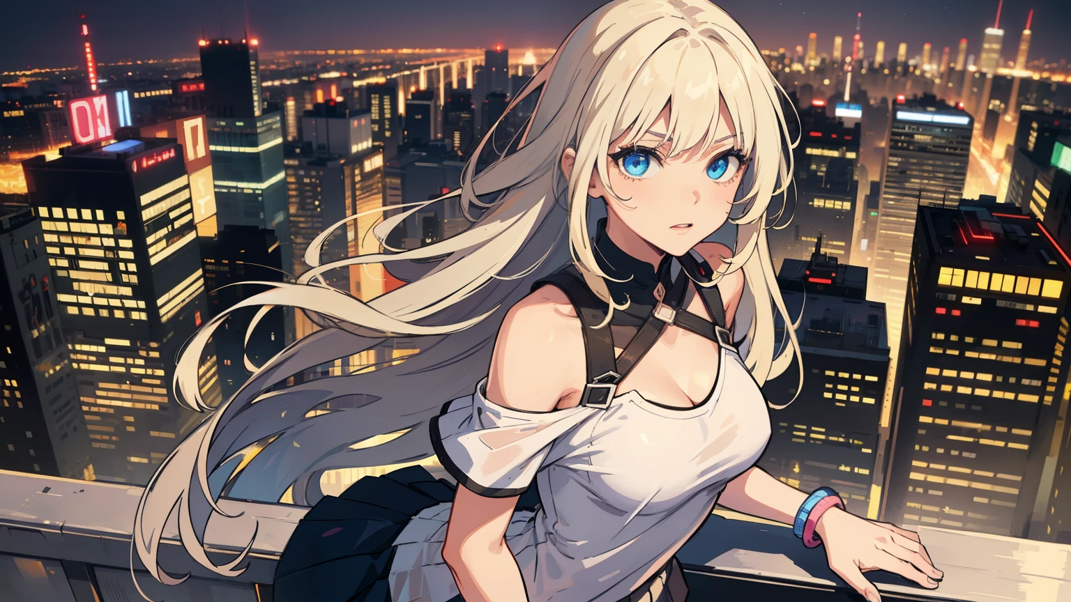 masterpiece, best quality, refined facial features, dynamic pose, nsfw, 1girl, platinum blonde hair, long hair, blue eyes, medium lively breasts, on the rooftop, night, city scape, neon signs, white t-shirt, braless, pleated skirt, poker face, front view, standing, in the crowd, face close up