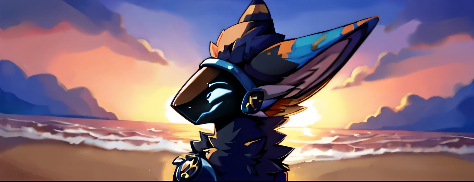 Picture of a shadowed out protogen looking at a sunset at a beach