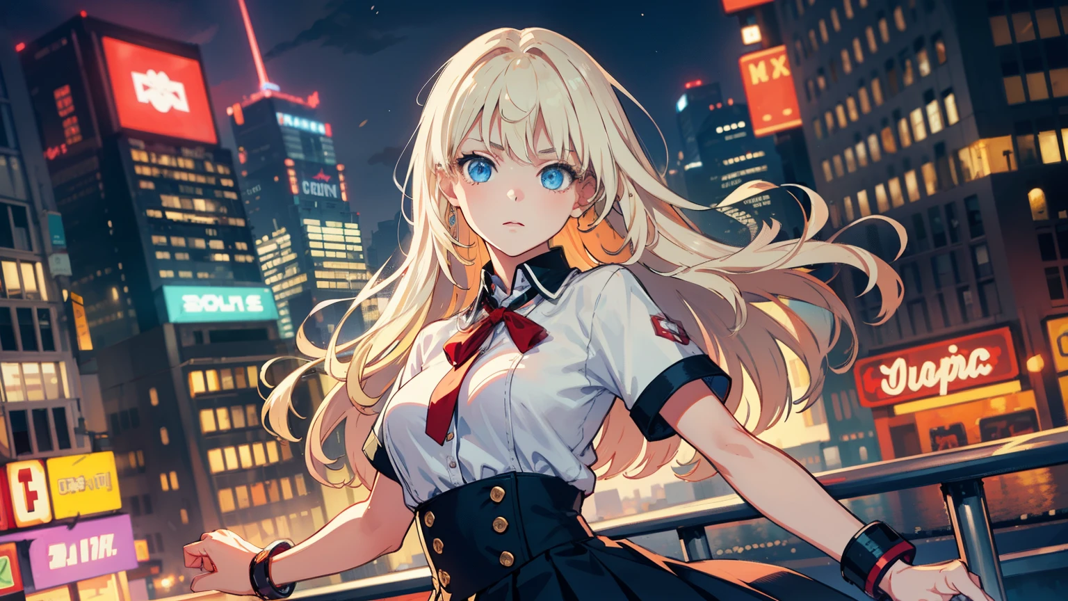 masterpiece, best quality, refined facial features, dynamic pose, nsfw, 1girl, platinum blonde hair, long hair, blue eyes, medium lively breasts, on the rooftop, night, city scape, neon signs, white t-shirt, braless, pleated skirt, poker face, front view, standing, in the crowd, face close up