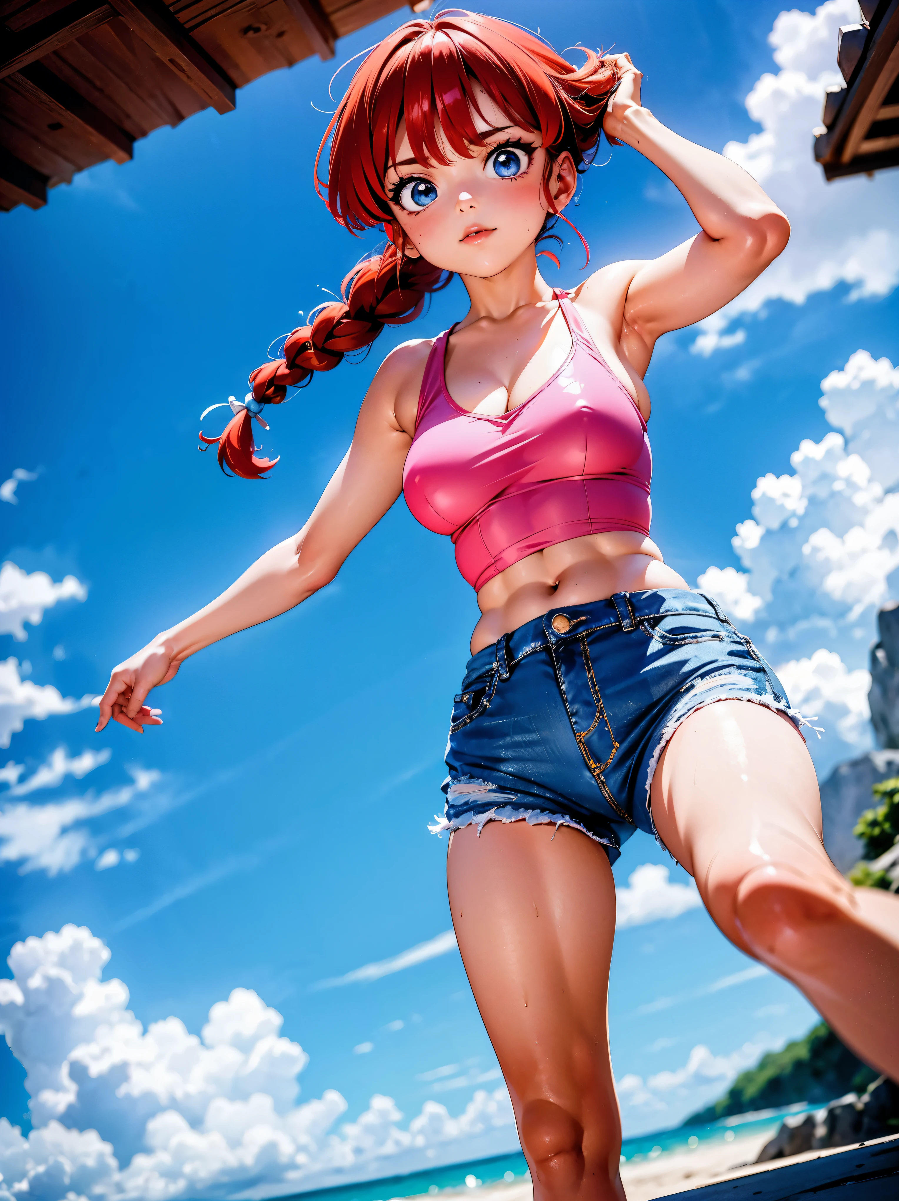 Garota anime ruiva com short jeans azul blusa rosa pink, , corpo bonito, seios grandes, with your hands behind your head, running your hands through your hair, garota sexy, red hair with braid, gorgeous lighting, sombras suaves, olhos azuis, pernas bonitas, hair with braid, estilo anime, Ranma Chan, Autora Rumiko Takahashi, Baseado em obra de Rumiko Takahashi, Anime Ranma 1/ 2, decote sexy, quadril robusto, corpo inteiro, corpo completo, busto grande, garota jovem com corpo belo e bonito, sandals on the feet, garota 16 anosbaixa estatura, vestindo short jeans azul e blusa rosa pink lindo, garota anime, estilo anime, beautiful feet in sandals((melhor qualidade)), ((obra de arte)), (detalhado), rosto perfeito