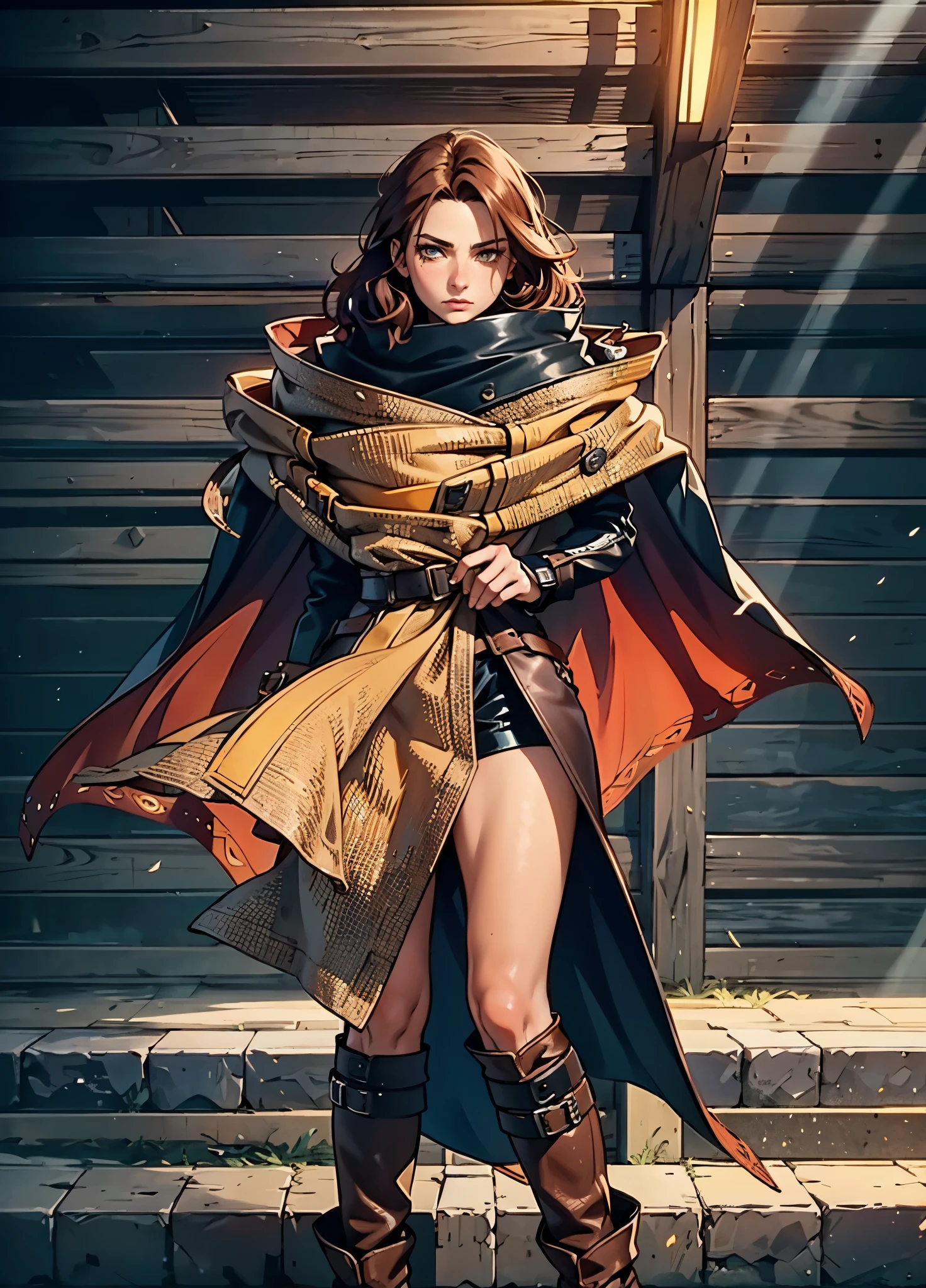 A woman with short reddish-brown hair, a determined gaze, her upper body is enveloped in a heavy cloak with leather accents, the cloak covers the lower half of her face, a tight-fitting long leather trench coat with ethnic-style details at the hem underneath, coarse fabric pants, sturdy knee-high leather boots, the background depicts a fantasy-style western town with swirling yellow sand, this character embodies a finely crafted fantasy western-style female cowboy in anime style, exquisite and mature manga art style, high definition, best quality, highres, ultra-detailed, ultra-fine painting, extremely delicate, professional, anatomically correct, symmetrical face, extremely detailed eyes and face, high quality eyes, creativity, RAW photo, UHD, 8k, Natural light, cinematic lighting, masterpiece-anatomy-perfect, masterpiece:1.5