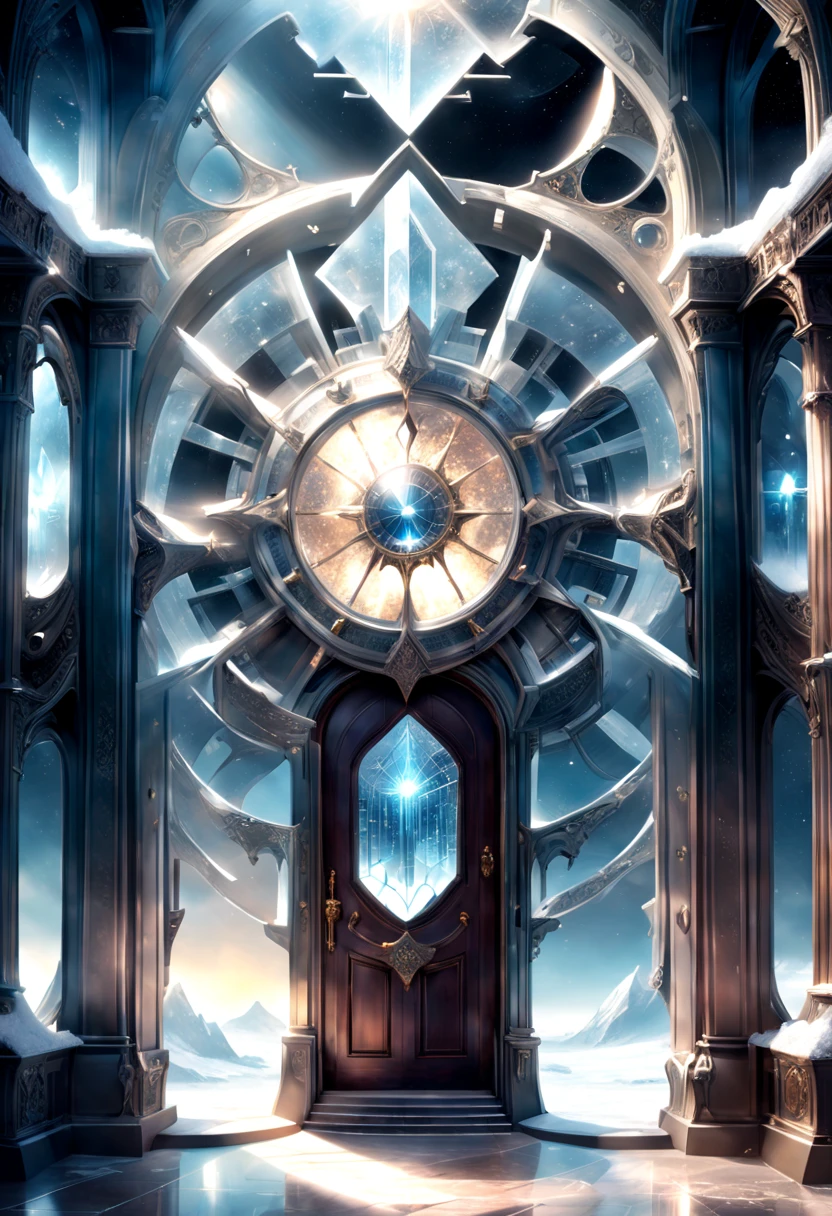 God's light and shadow, magical dream, ice crystal, magnificent building, the door that travels through time and space are intricate and hazy, the light and shadow, the majestic building, the door that travels through time and space are intricate., 8k, Ultra high detail, masterpiece master art work surreal