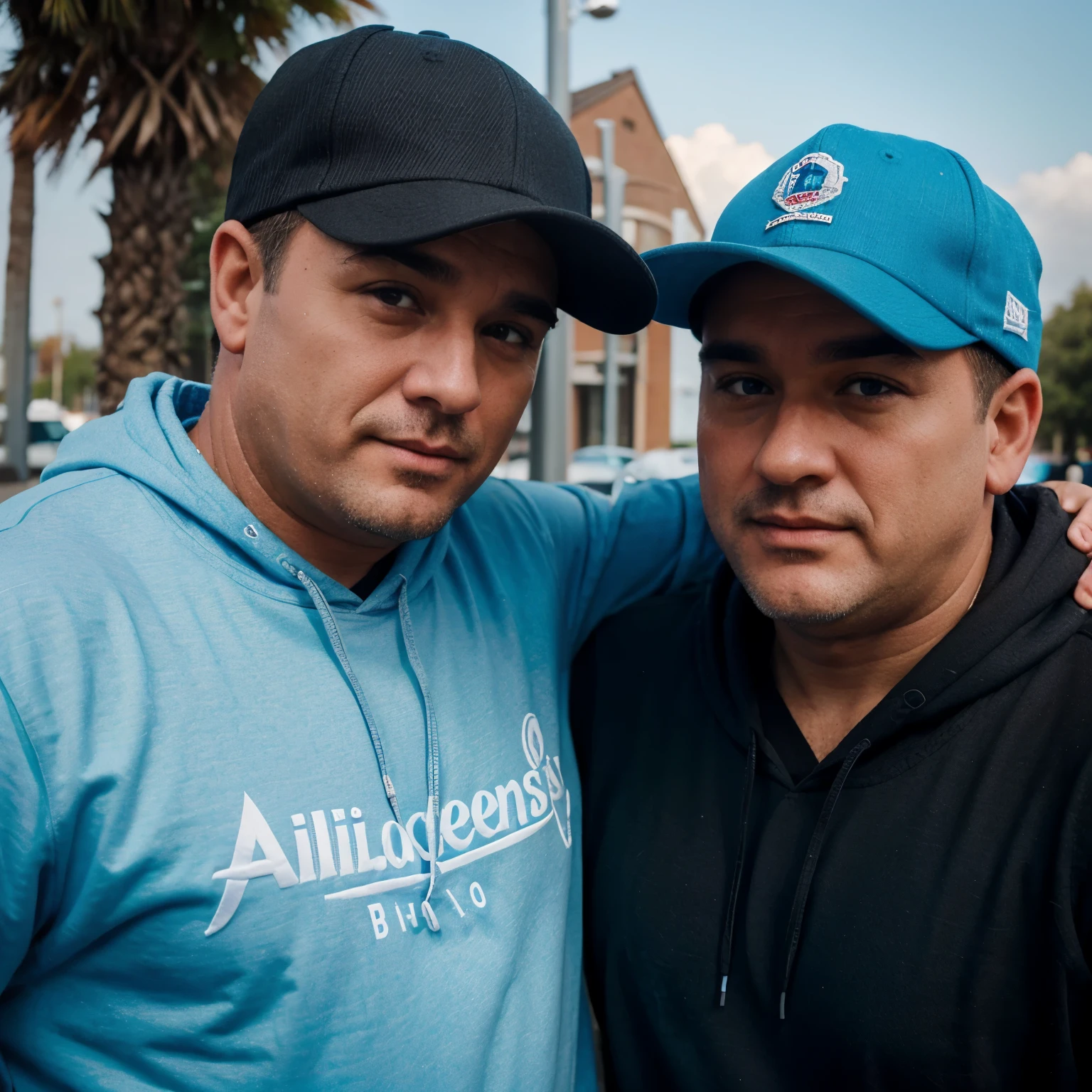 a 50 year old man with a slightly fat body and neat hair wearing a sky blue shirt, is taking a photo with a 28 year old man wearing a snapback and a black hoodie that says 'ALINDGASKENS'