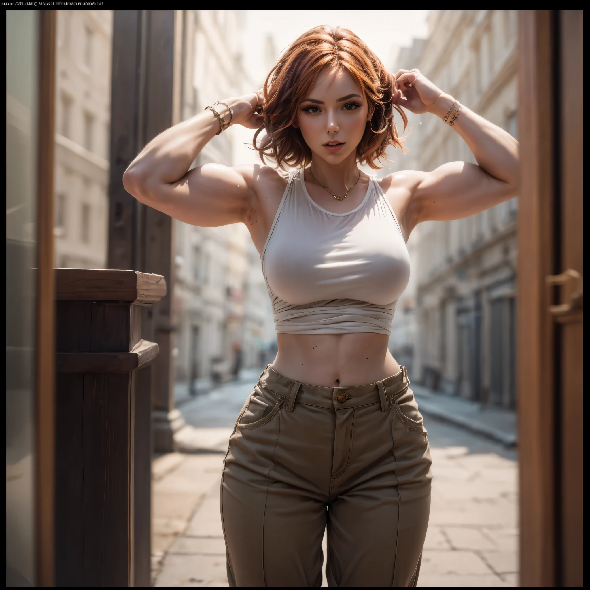 (best quality,4k,8k,highres,masterpiece:1.2),ultra-detailed, Amazonian Readhead, Viking Princess, laurenphillips, red hair, white seethru tanktop, brown pants, triumphant pose, -Muscular Female-, HDR, 8k, absurdres, cinestill 800, sharp focus, add_detail:2, (solo, woman)