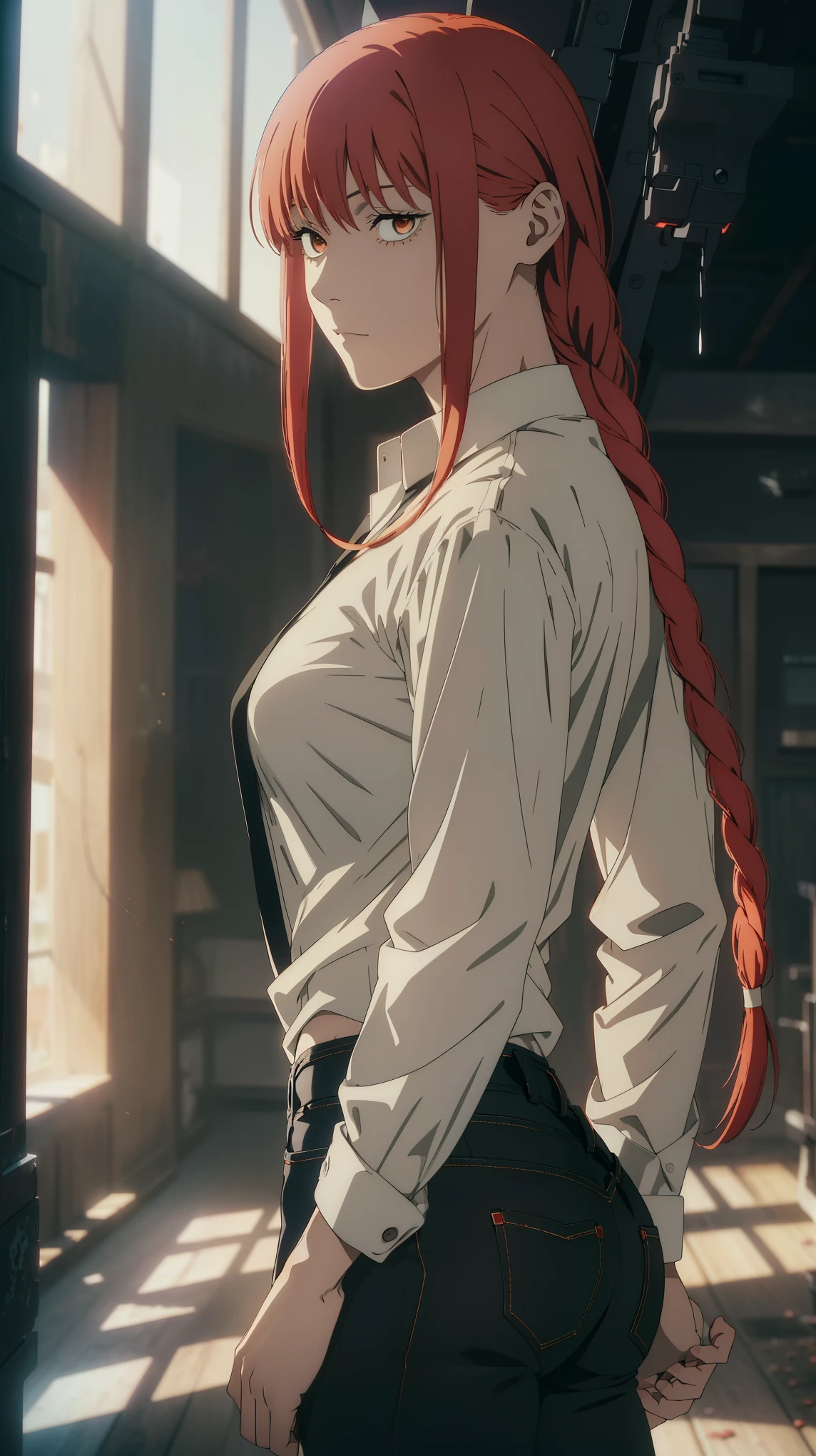 masterpiece,best quality, official art, extremely detailed CG unity 8k wallpaper, ((top quality, 8k, masterpiece: 1.3, ultra hd, high quality, best quality, high definition, ((realism)), sharp focus: 1.5,（Very detailed CG unity 8K wallpaper), Dark Cinematic Lighting, cinematic lighting, makima \(Chainsaw Man\), Wearing a white shirt, Medium Breast ,Red hair, Long braided red hair, Black tight jeans, dark background, standing Dynamic Pose, The best quality,