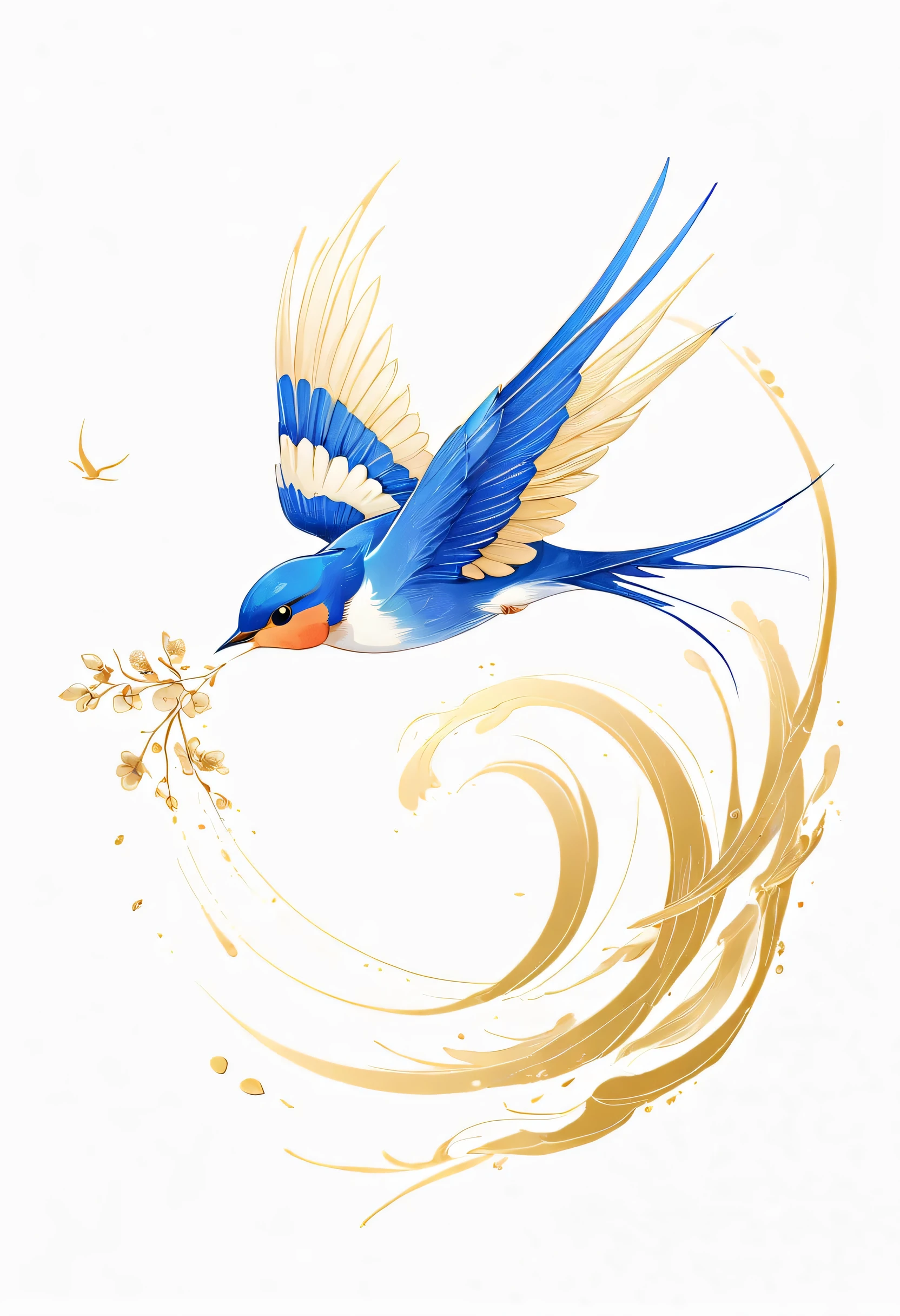 A blue cartoon swallow spreads its wings in flight on a white background，Beautiful pictures, fine lines，(Golden section composition), (golden ratio),Minimalism，spring, cartoon, flat illustration，national style，Chinese style，GCCH
