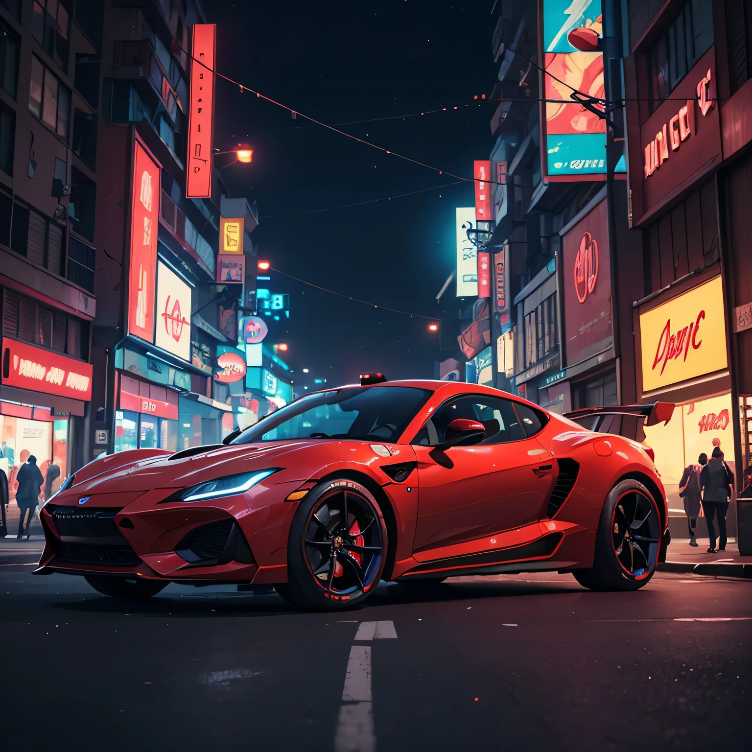 (masterpiece, UHD, photorealistic, 8k, cinematic), dynamic angle, a futuristic sports car, driving through a bustling cyberpunk city, crowded streets, depth of field, nighttime background, neon, ray tracing, neon, octane rendering, dust particles