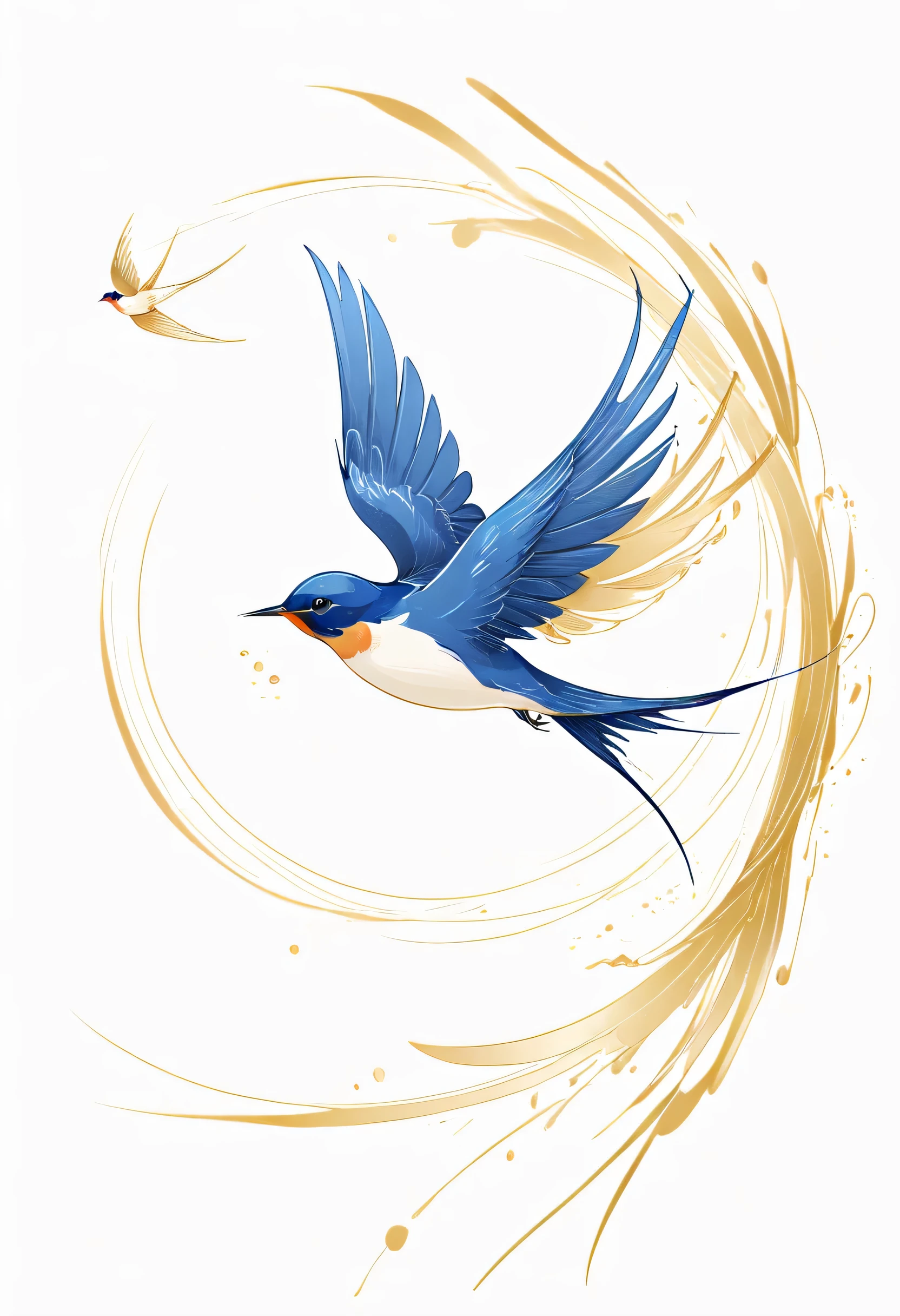 A blue cartoon swallow spreads its wings in flight on a white background，Beautiful pictures, fine lines，(Golden section composition), (golden ratio),Minimalism，spring, cartoon, flat illustration，national style，Chinese style，GCCH
