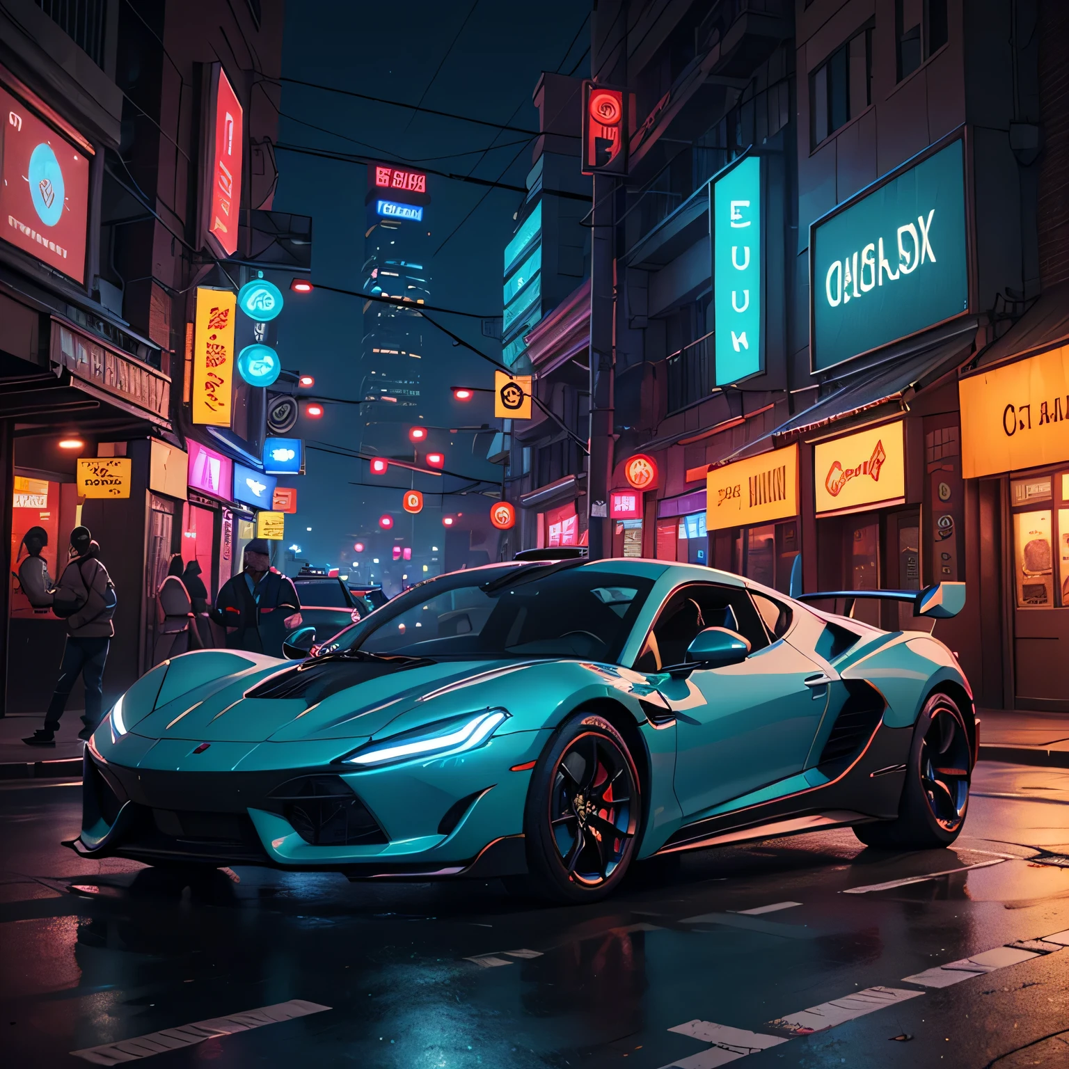 (masterpiece, intricate details, UHD, photorealistic, 8k), a futuristic sports car, driving through a cyberpunk city, nighttime background, neon, ray tracing, neon, octane rendering