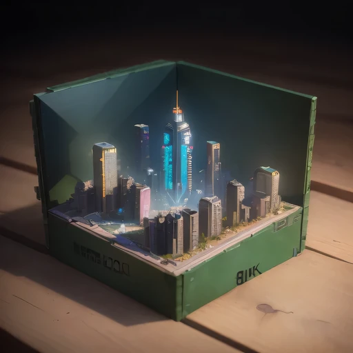 small realistic model, (8k, original photo, best quality, masterpiece:1.4),Steampunk Cyberpunk 2099 City,(Cyberpunk light:1.3),on the table,horizon (related to land),(in a small nature box:1.3),Isometric, small nature, landscape on foundation,landscape,