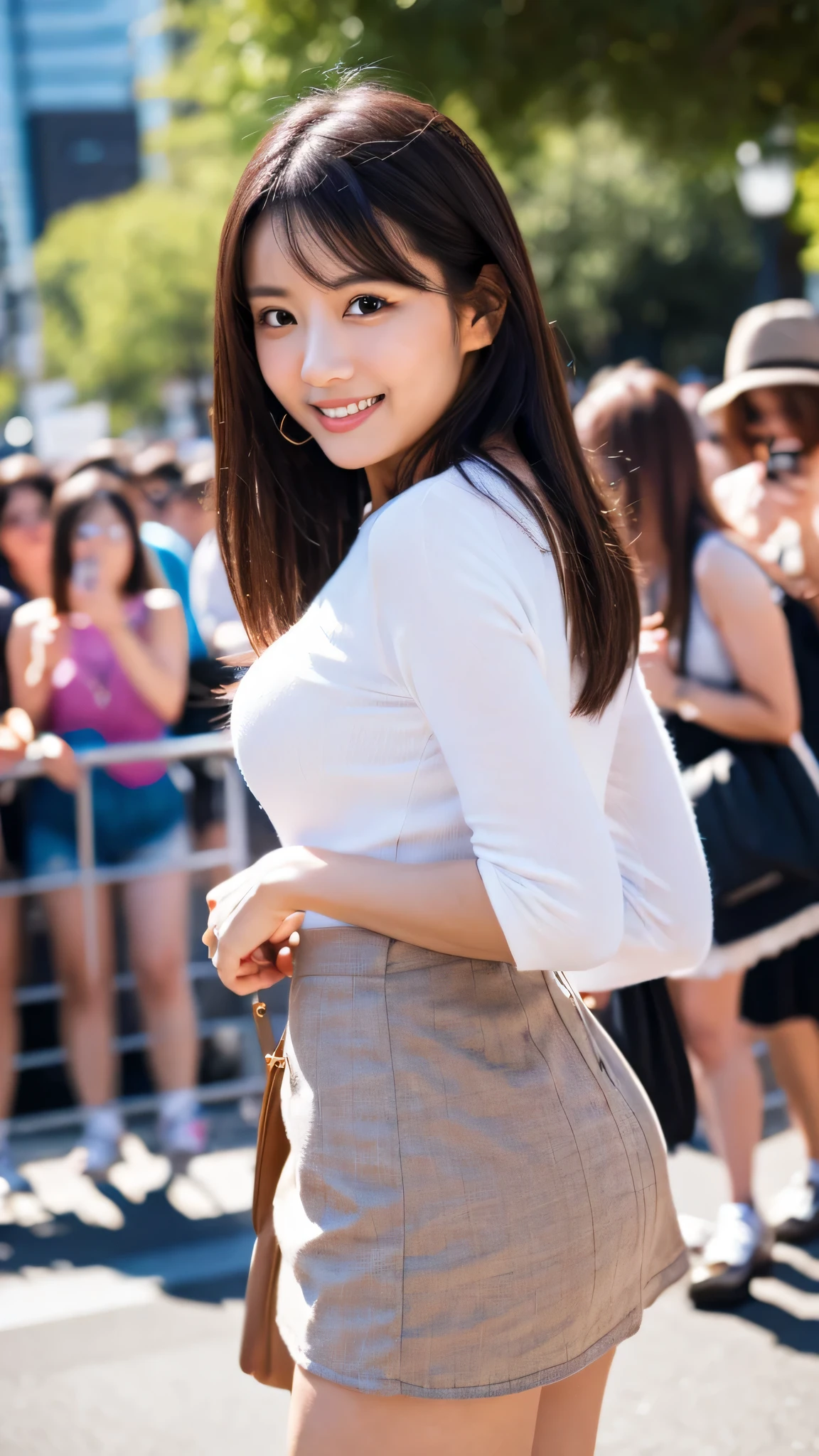 Highest resolution, 4K, Masterpiece: 1.3), A Japanese milf, Sexy: 1.1, fine eyes, Slender figure, Realistic teeth, double eyelids, full body, best quality, detailed, beauty legs, mini skirt, In the crowd, city, intersection