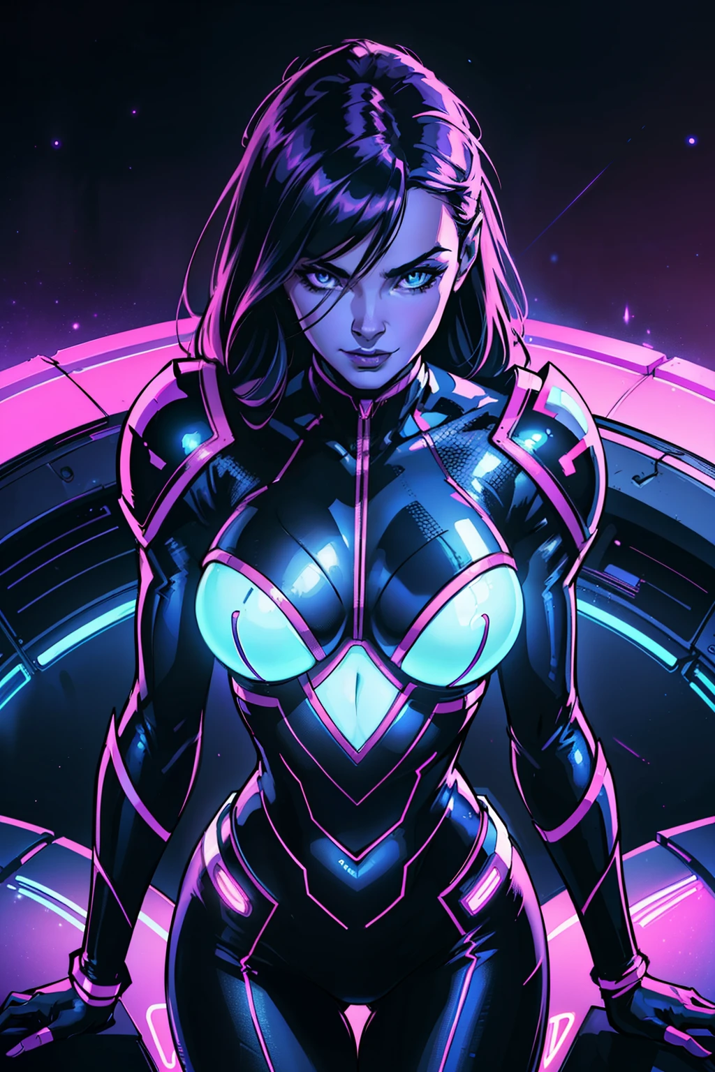 ((Realstic)) and ultra-detailed photography of a woman, body at an angle dramatic angle, portrait, focus on face, slight smile, seductive look, space suit, spandex, neon colors, rim lighting, atmospheric lighting, woman is well lit, sexy, beautiful woman, glowing neon skin, cinematic lighting, dark simplistic abstract background, night time