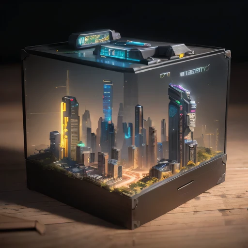 small realistic model, (8k, original photo, best quality, masterpiece:1.4),Steampunk Cyberpunk 2099 City,(Cyberpunk light:1.3),on the table,horizon (related to land),(in a small nature box:1.3),Isometric, small nature, landscape on foundation,landscape,