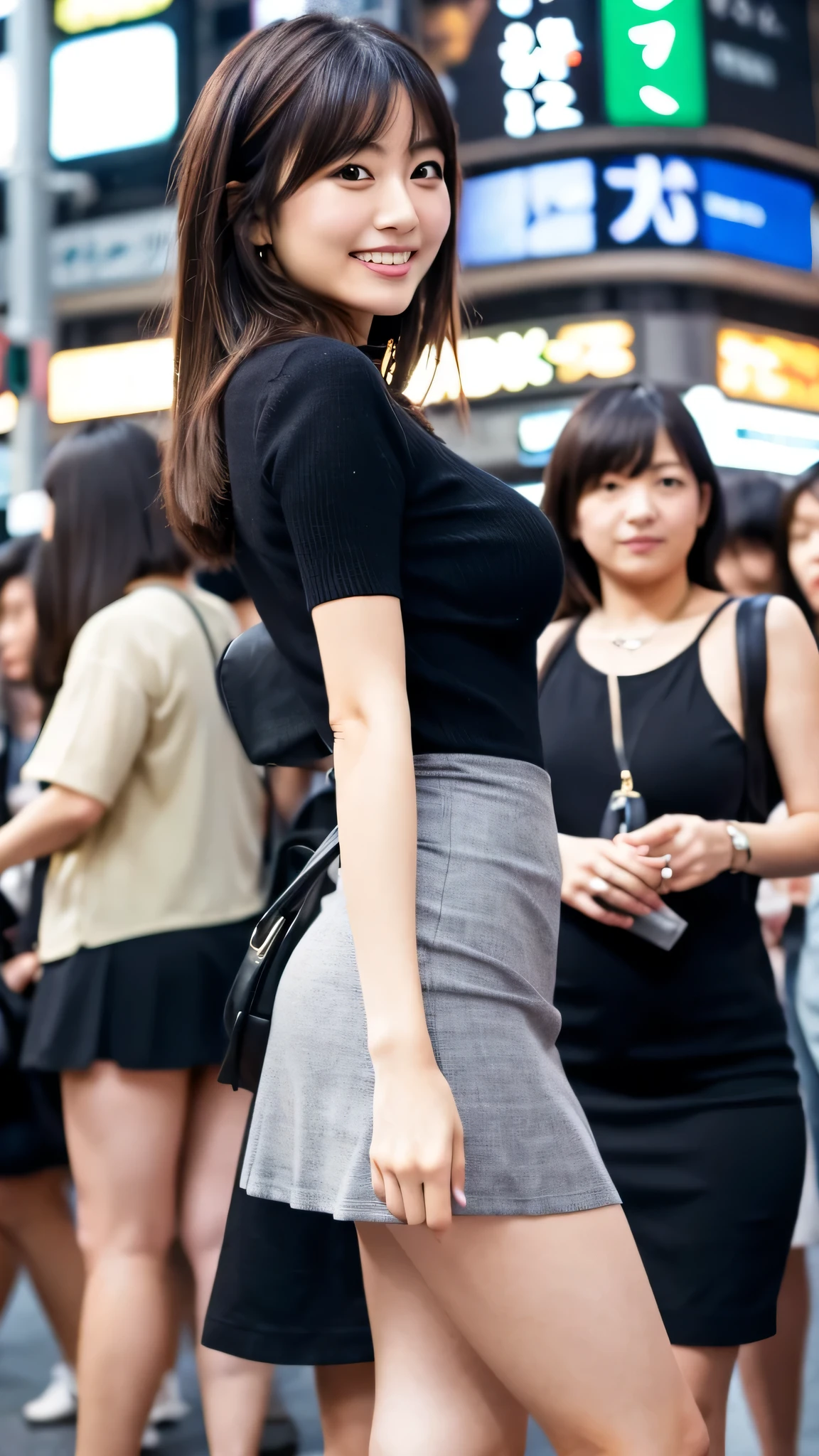 Highest resolution, 4K, Masterpiece: 1.3), A Japanese milf, Sexy: 1.1, fine eyes, Slender figure, Realistic teeth, double eyelids, full body, best quality, detailed, beauty legs, mini skirt, In the crowd, city, Shibuya Crossing