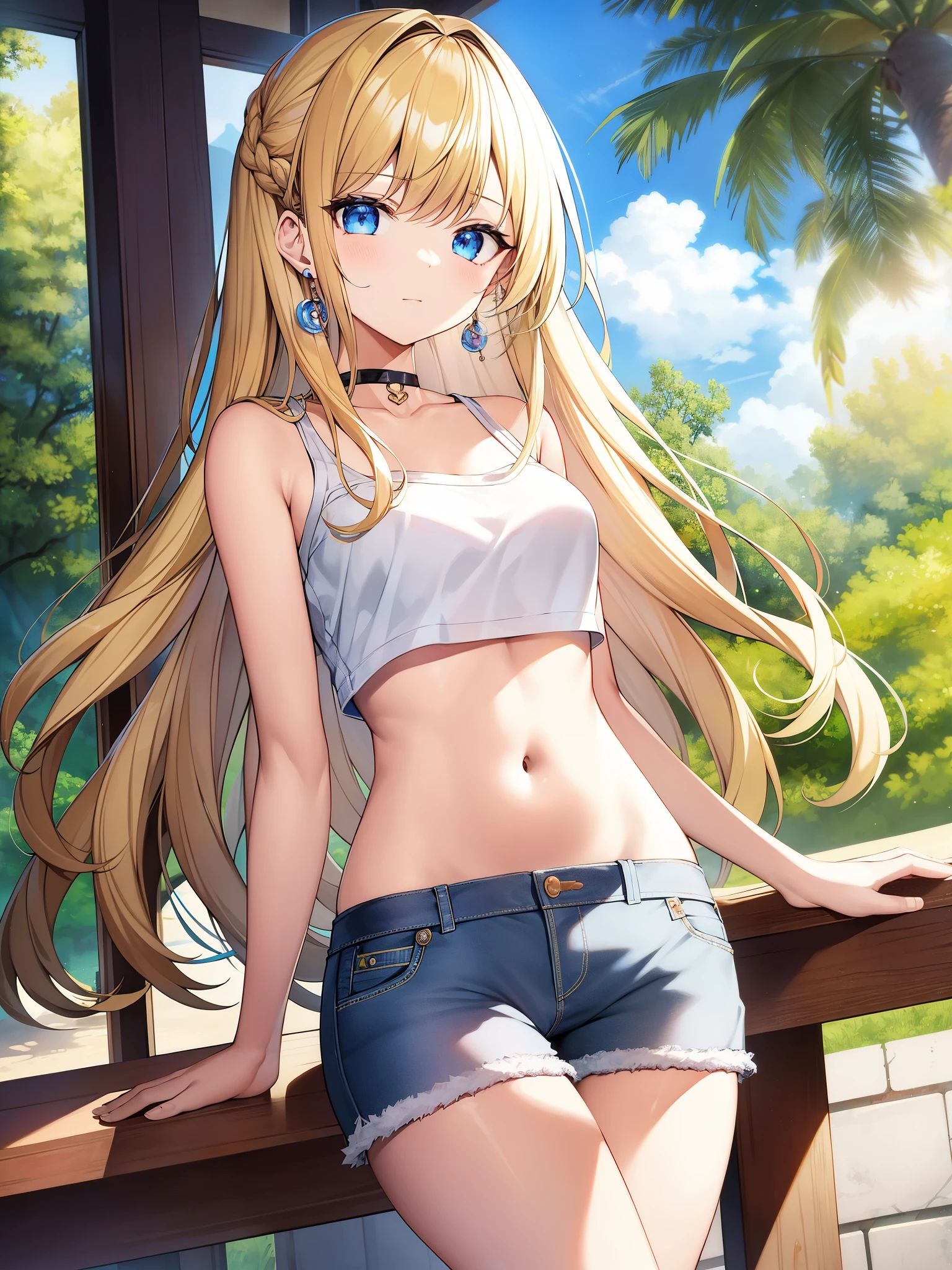 Neocoil、masterpiece、highest quality、1girl、solo、chest、Underbob、shorts、denim、earrings、blonde hair、gem、denimshorts、abdomen、real、long hair、crop top、medium breasts、フープearrings、shorts、belly button、lips、青いshorts