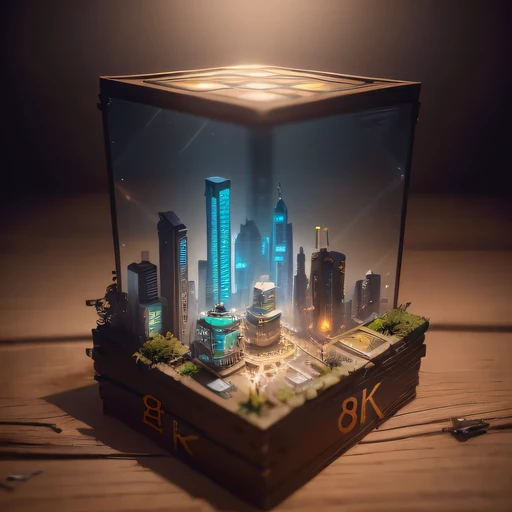 small realistic model, (8k, original photo, best quality, masterpiece:1.4),SteampunkCyberpunk4299 City,(Cyberpunk light:1.3),on the table,horizon (related to land),(in a small nature box:1.3),Isometric, small nature, landscape on foundation,landscape,
