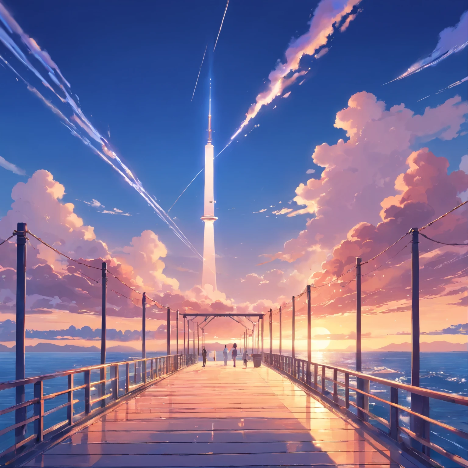 8K, Best Quality, masutepiece, Scenery,pier,wharf, Sea, seaside, utility pole, A long stone bridge stretching to the sea, a panoramic view, Jet flying in the sky leaving two white air trails. Blue sky, Sunset, evening, Coral reefs by the sea
