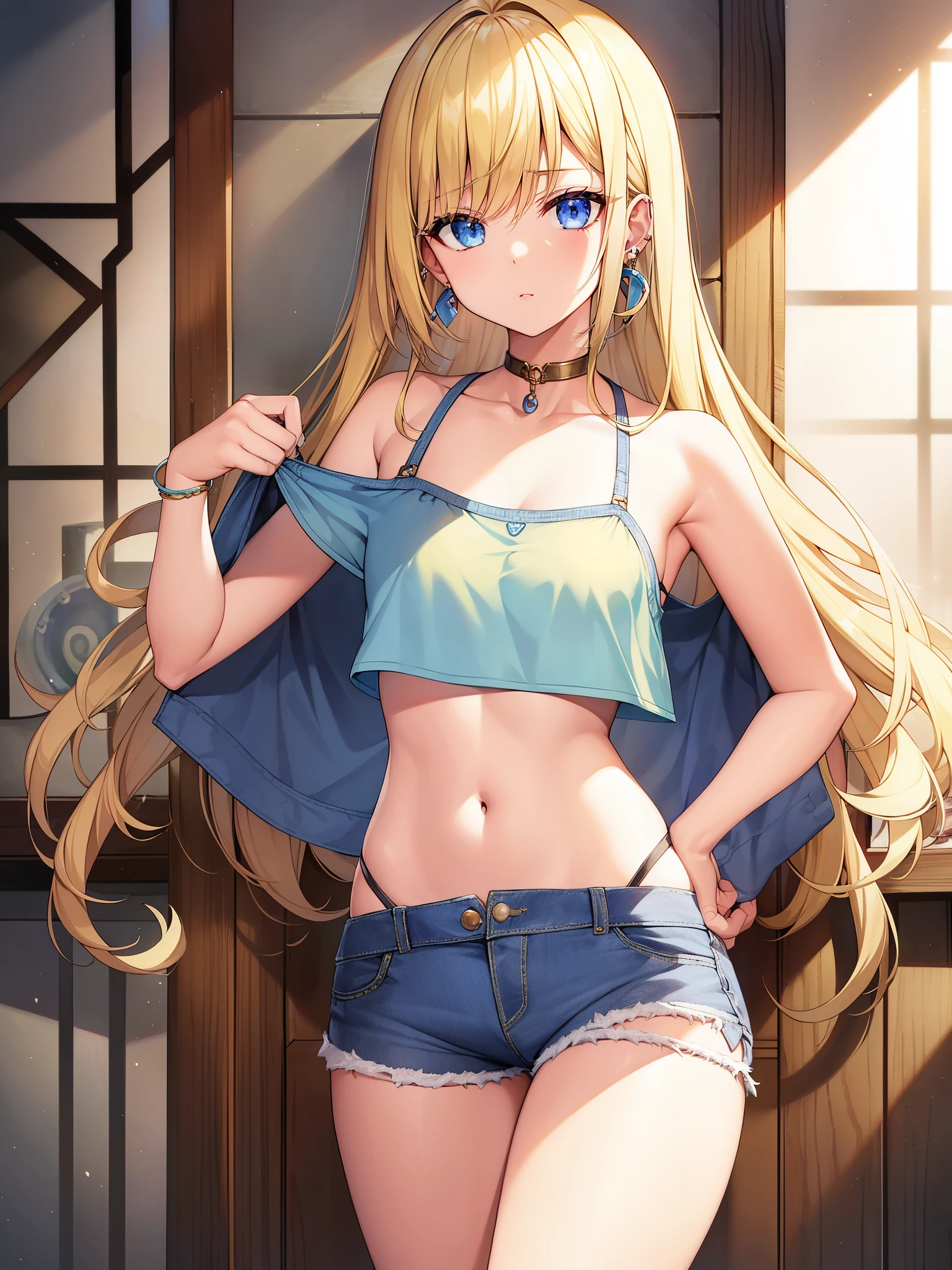 Neocoil、masterpiece、highest quality、1girl、solo、chest、Underbob、shorts、denim、earrings、blonde hair、gem、denimshorts、abdomen、real、long hair、crop top、medium breasts、フープearrings、shorts、belly button、lips、青いshorts