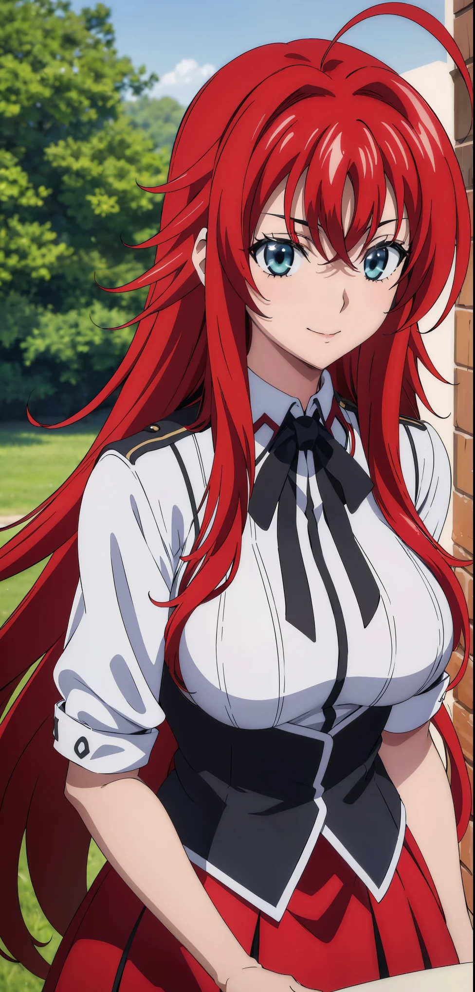 (((picture perfect))), (absurdres), 1girl, solo, rias gremory, school uniform, red skirt, looking at viewer, smile, (((upper body)))