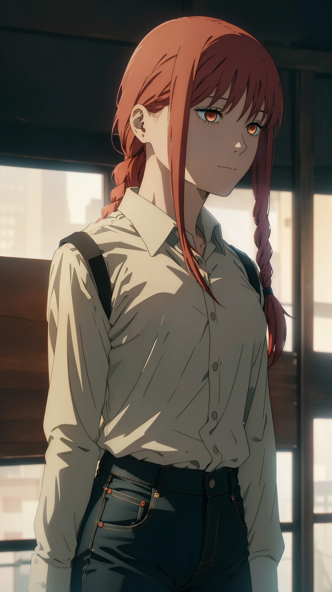 Makima \(Chainsaw Man\),, One girl, only, sit, Redhead, Long braided hair, Golden Eyes,White lace panties, Medium breast, White shirt, Perfect tummy,White panties, (just:1.2), Watching the audience, (interview:1.3), , Upper Body, Best Quality, Glowing Skin, highest quality, High resolution, stomach, bed