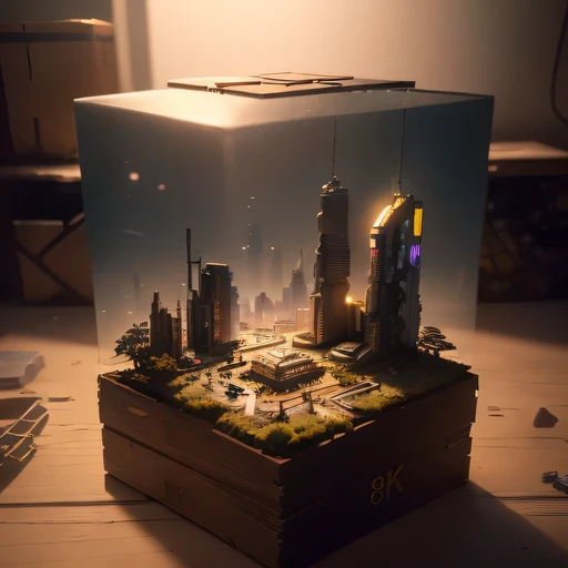 small realistic model, (8k, original photo, best quality, masterpiece:1.4),SteampunkCyberpunk4299 City,(Cyberpunk light:1.3),on the table,horizon (related to land),(in a small nature box:1.3),Isometric, small nature, landscape on foundation,landscape,