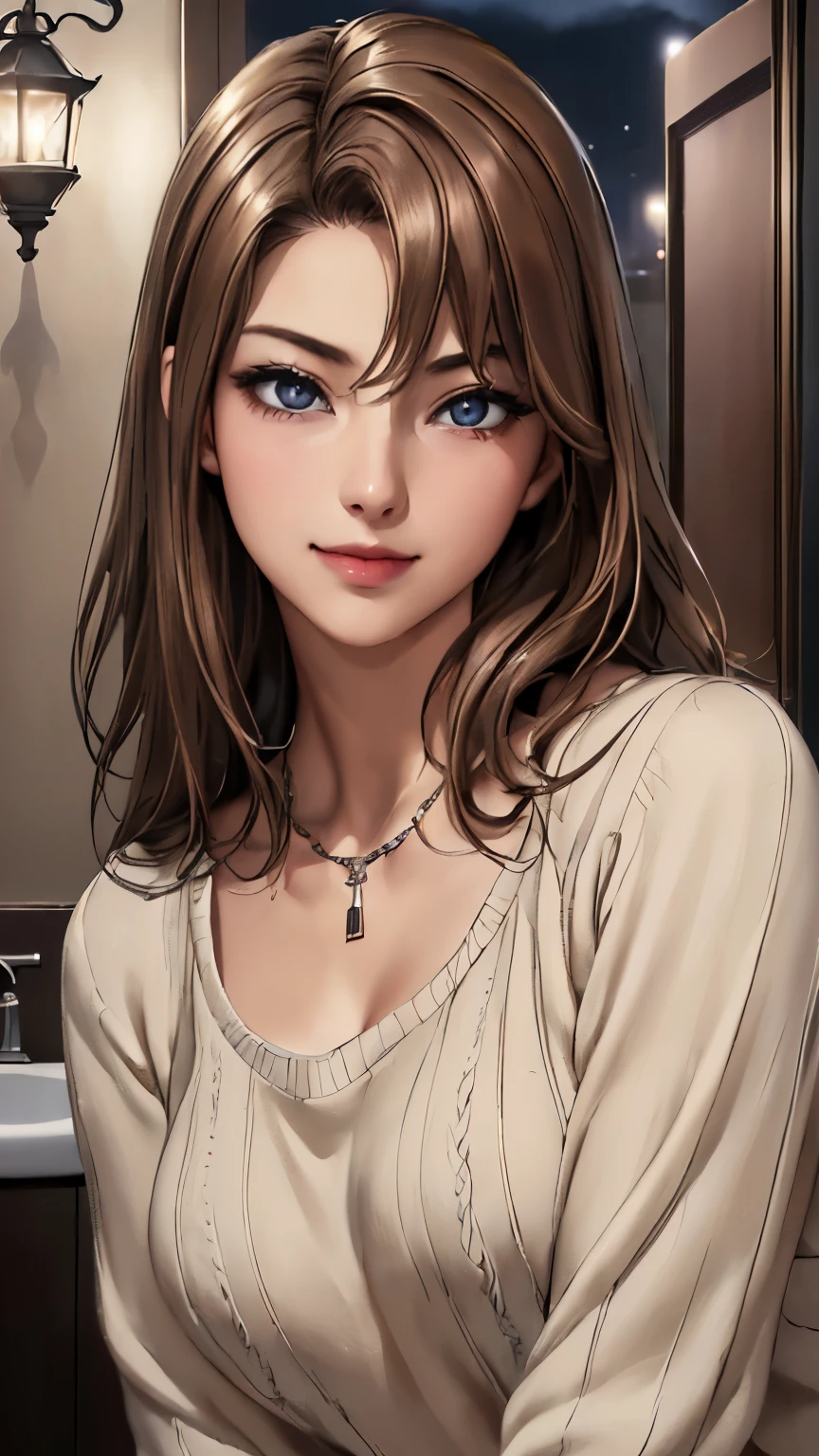 ((night、realistic light、highest quality、8K、masterpiece: 1.3))、1 girl、slim beauty: 1.4、(brown hair、medium breasts: 1.3)、Pink long sweater: 1.1、Bathroom、extra thin face、delicate eyes、 double eyelid、smile、necklace、brown eyes