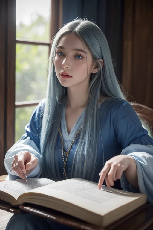 (best quality,4k,8k,highres,masterpiece:1.2),ultra-detailed,(realistic,photorealistic,photo-realistic:1.37),medieval,blue clothes,enchanted book,white long glossy hair, olive skin,blue eyes,witch.