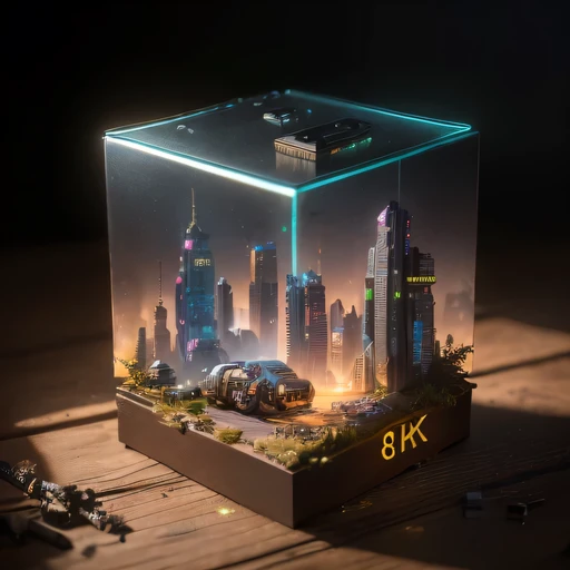 small realistic model, (8k, original photo, best quality, masterpiece:1.4),SteampunkCyberpunk4299 City,(Cyberpunk light:1.3),on the table,horizon (related to land),(in a small nature box:1.3),Isometric, small nature, landscape on foundation,landscape,