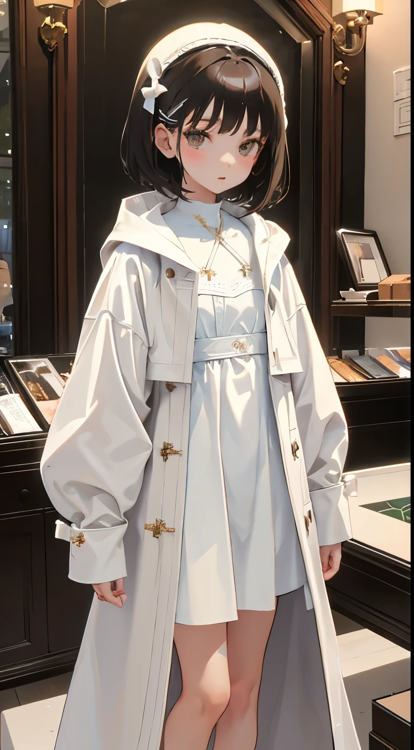 (short cute girl，small young student，young delicate girl）,（masterpiece，Top quality)，white dress，duffle coat，(Brown coat)，black hair，snowfield，Christmas