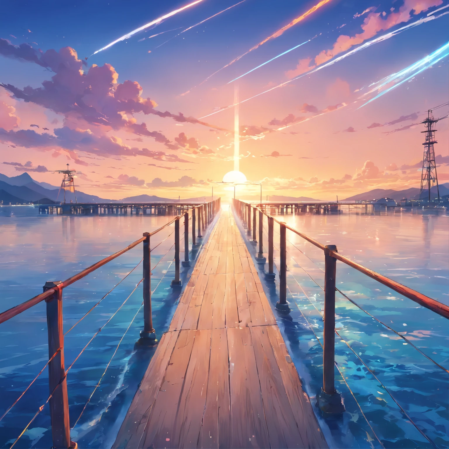 8K, Best Quality, masutepiece, Scenery,pier,wharf, Sea, seaside, utility pole, A long stone bridge stretching to the sea, a panoramic view, Jet flying in the sky leaving two white air trails. Blue sky, Sunset, evening, Coral reefs by the sea
