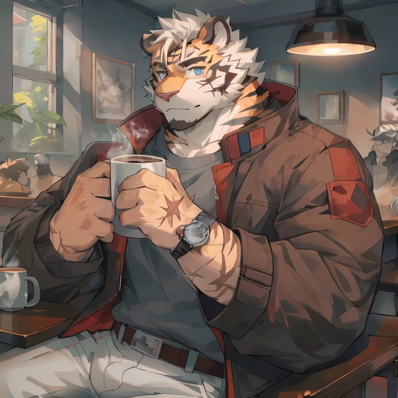 Anime style illustration of a tiger drinking a cup of coffee, cozy cafe background, full body commission, pov furry art,  human art, Professional furry drawing, Beast in fashionable clothes, high resolution committee, in a coffee shop, (SFW) Work, Comfortable wallpaper, furry character portrait, high quality portraits, furry anime