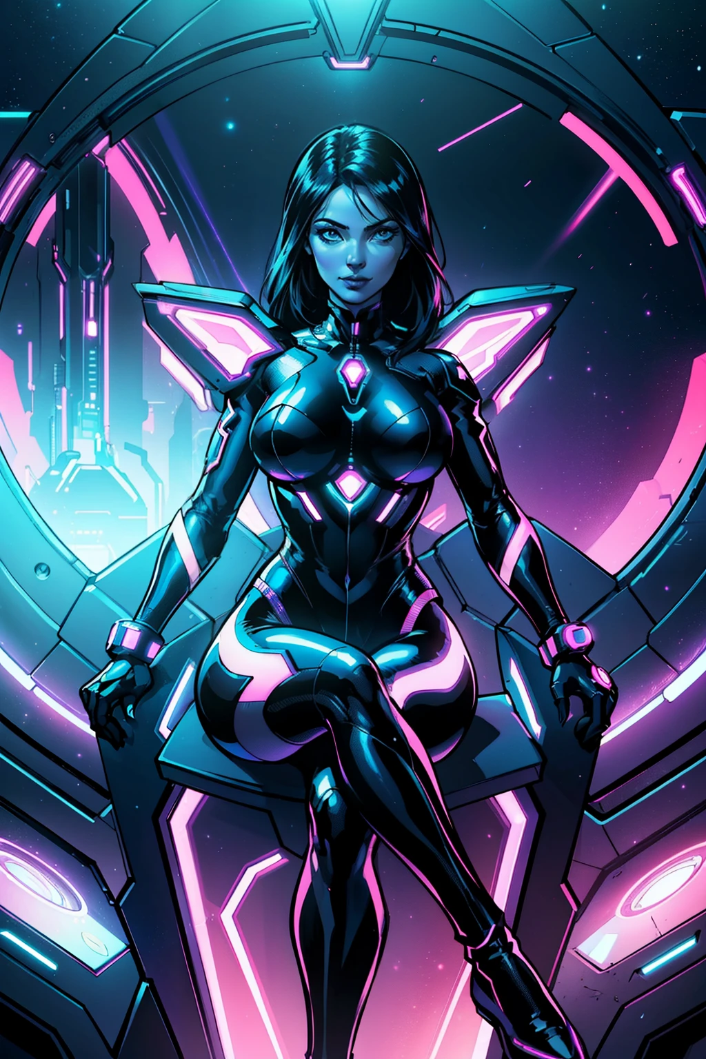 ((Realstic)) and ultra-detailed photography of a woman, body at an angle dramatic angle, portrait, slight smile, seductive look, space suit, sitting on a futuristic throne, spandex, neon colors, rim lighting, atmospheric lighting, woman is well lit, sexy, beautiful woman, glowing neon skin, cinematic lighting, dark simplistic abstract background, night time