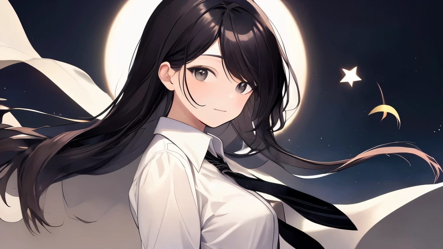 a slightly fat woman,Medium long black hair,bangs,A white dress shirt with a black and white striped tie,small breasts,black eyes,magic background,Calm and gentle eyes,Drooping eyes,calm face.Whole upper body,slightly turned to the side