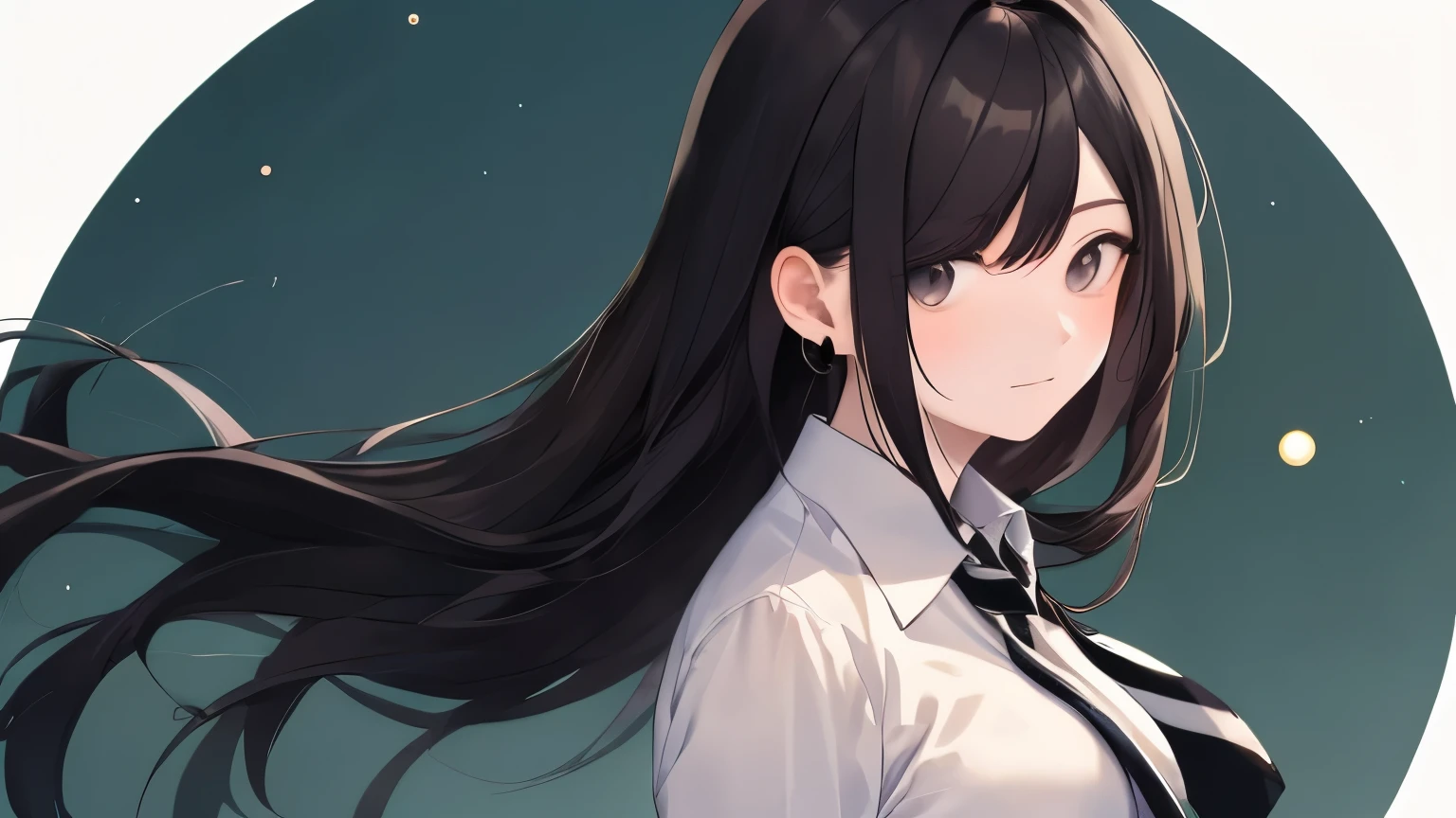 a slightly fat woman,Medium long black hair,bangs,A white dress shirt with a black and white striped tie,small breasts,black eyes,magic background,Calm and gentle eyes,Drooping eyes,calm face.Whole upper body,slightly turned to the side