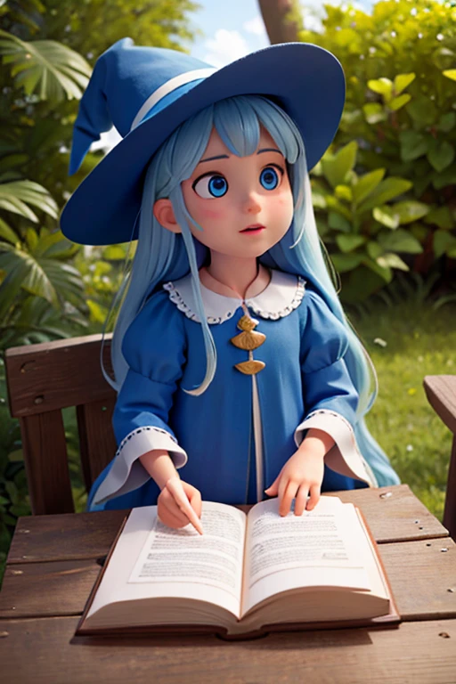 (best quality,4k,8k,highres,masterpiece:1.2),ultra-detailed,(realistic,photorealistic,photo-realistic:1.37),medieval,blue clothes,enchanted book,white long glossy hair, olive skin,blue eyes,witch.