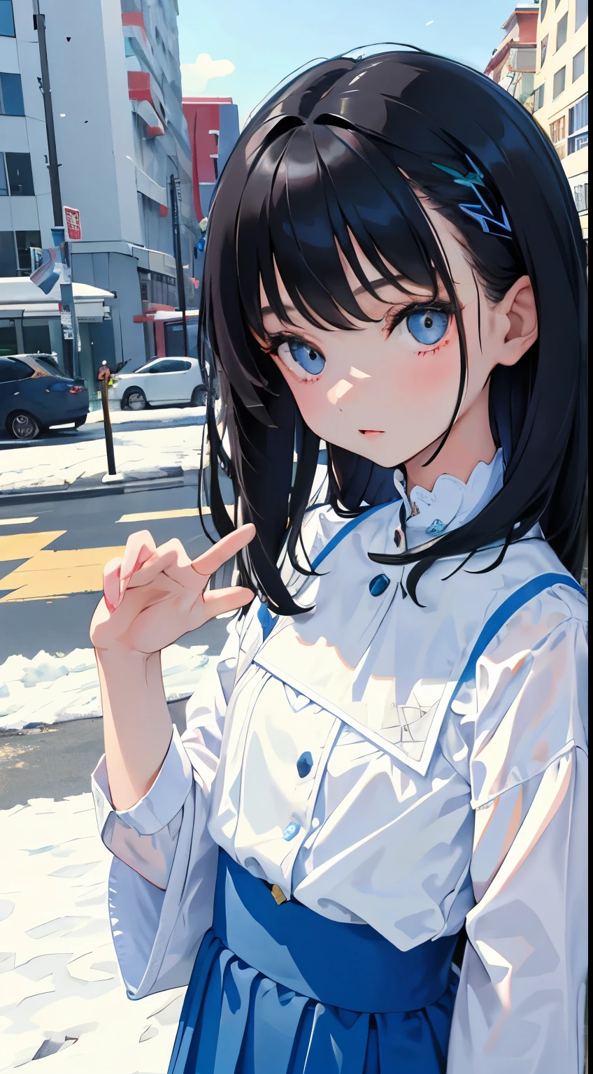 (short cute girl，small young student，young delicate girl）,（masterpiece，Top quality)，Pastel colored outerwear，black hair，snowfield