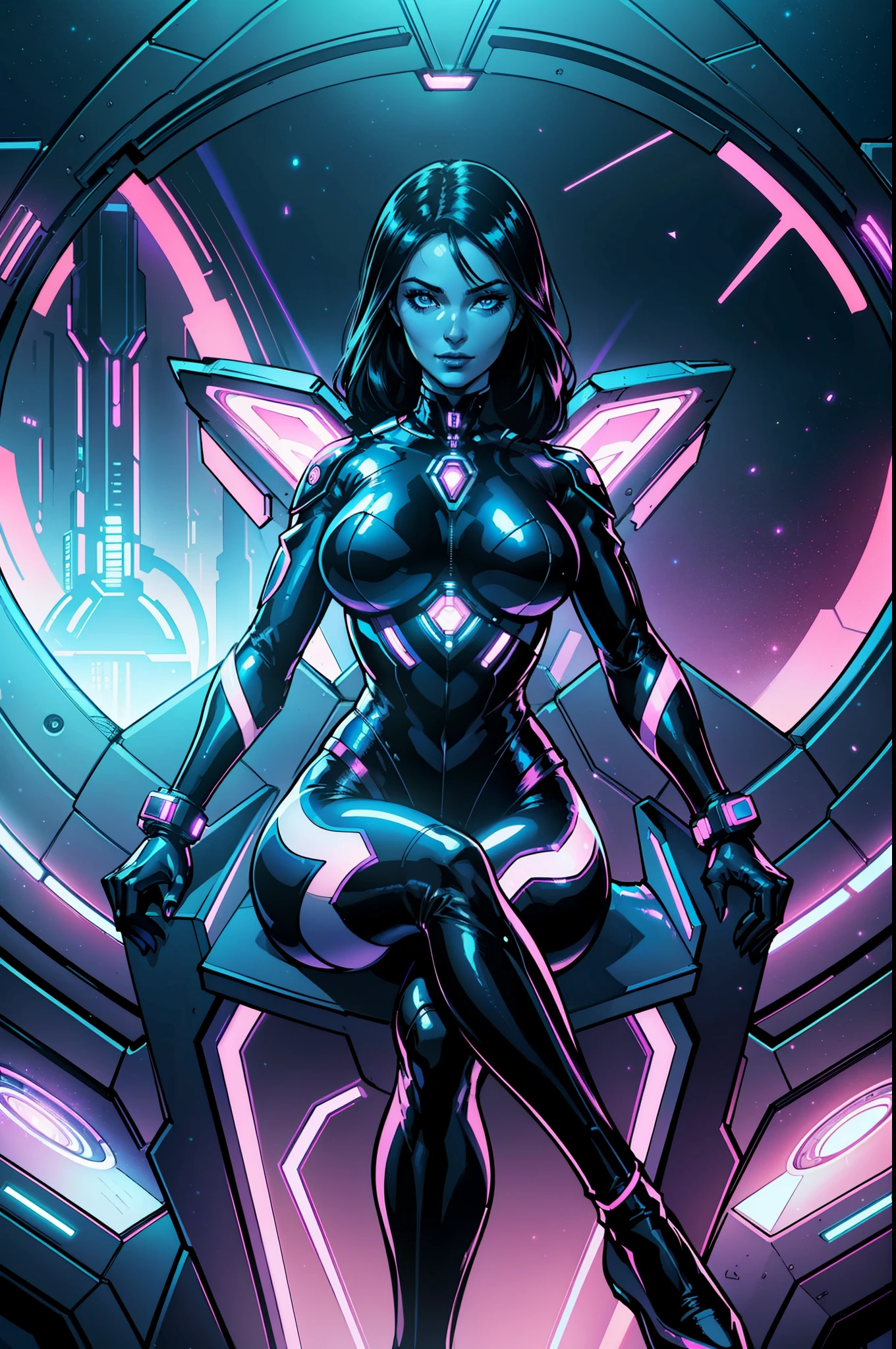 ((Realstic)) and ultra-detailed photography of a woman, body at an angle dramatic angle, portrait, slight smile, seductive look, space suit, sitting on a futuristic throne, spandex, neon colors, rim lighting, atmospheric lighting, woman is well lit, sexy, beautiful woman, glowing neon skin, cinematic lighting, dark simplistic abstract background, night time