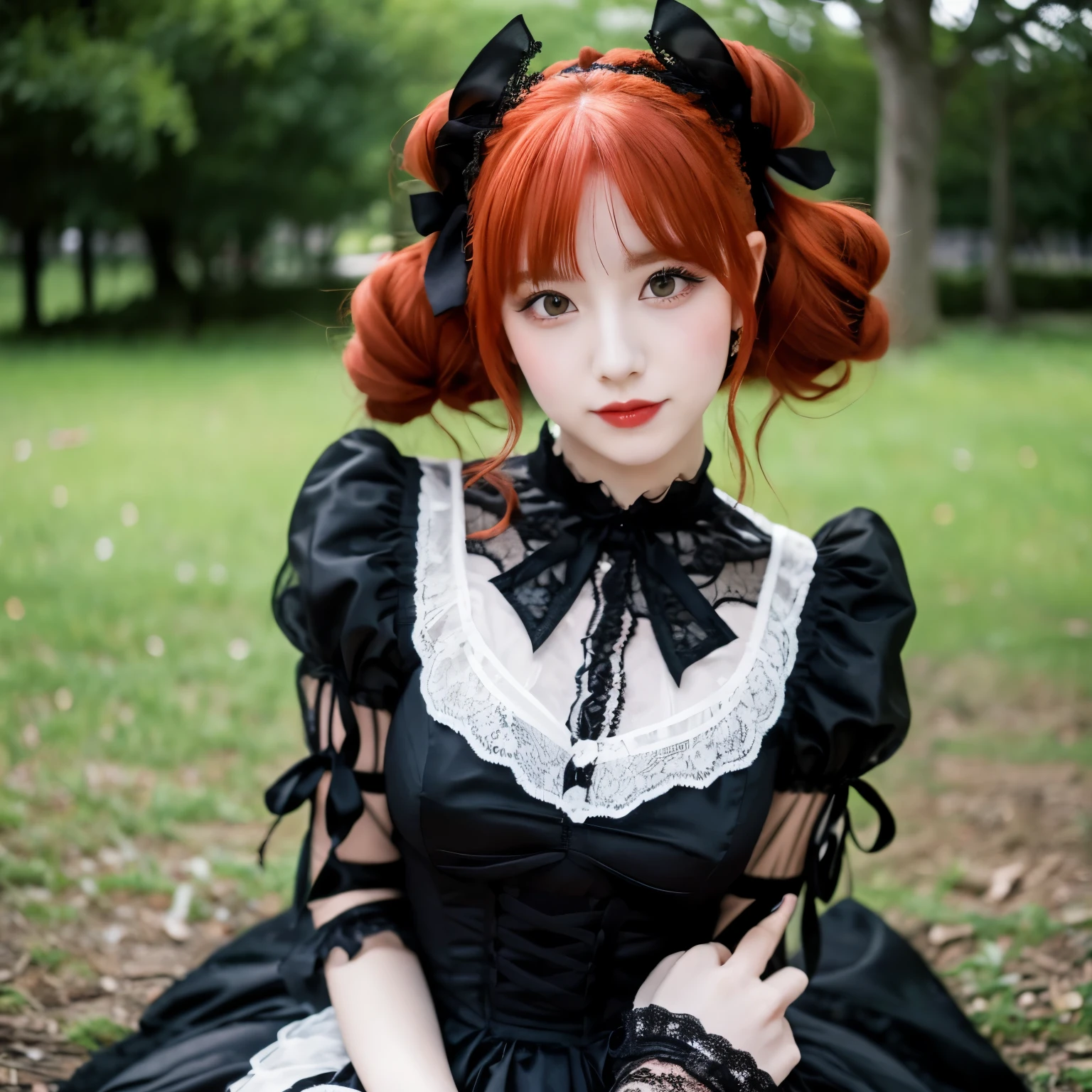 I would like to generate a woman with red hair, 158cm tall, and wearing a black Gothic ta dress.。Cute、The eyes are sharp、Eyelashes are fluffy、The length of the dress is above the knee。I'm wearing a big black lace ribbon.。