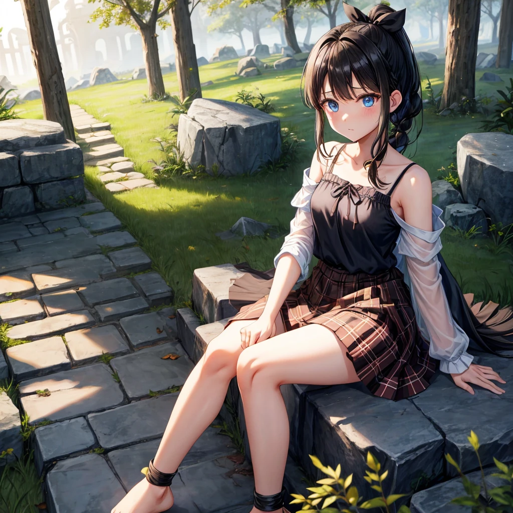 black brown hair、blue eyes、Braid、ponytail、one good looking girl、solo、anime、Plaid miniskirt、camisole、black t-shirt、Tilting your face、Doing the ribbon、Ribbon at waist、sunset sky、broken stone steps、ruins、tunnel、Fallen leaves、Light and shadow、Raising legs、column、sparks fall、forest、tall grass grows、cloak、the ground is cracked、Shortness of breath、Meteor、sitting on a stone、cave、crystal