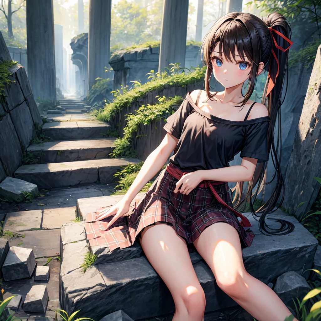 black brown hair、blue eyes、Braid、ponytail、one good looking girl、solo、anime、Plaid miniskirt、camisole、black t-shirt、Tilting your face、Doing the ribbon、Ribbon at waist、sunset sky、broken stone steps、ruins、tunnel、Fallen leaves、Light and shadow、Raising legs、column、sparks fall、forest、tall grass grows、cloak、the ground is cracked、Shortness of breath、Meteor、sitting on a stone、cave、crystal