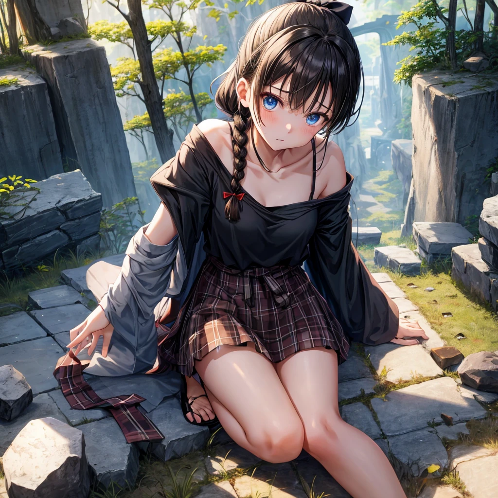 black brown hair、blue eyes、Braid、ponytail、one good looking girl、solo、anime、Plaid miniskirt、camisole、black t-shirt、Tilting your face、Doing the ribbon、Ribbon at waist、sunset sky、broken stone steps、ruins、tunnel、Fallen leaves、Light and shadow、Raising legs、column、sparks fall、forest、tall grass grows、cloak、the ground is cracked、Shortness of breath、Meteor、sitting on a stone、cave、crystal