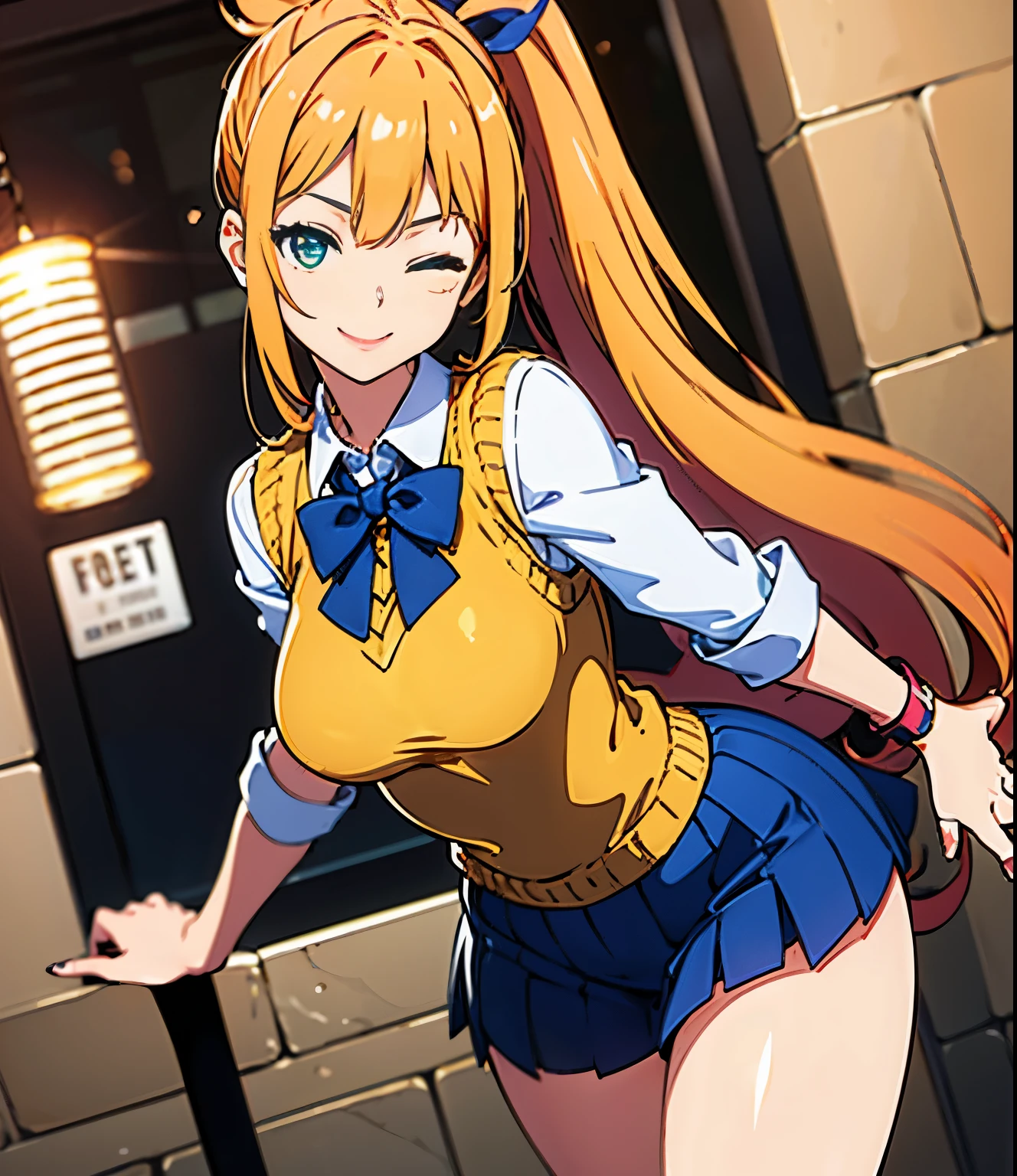 real face 、Highly detailed CG Unity 、8K、 wallpaper, detailed background, 1 girl, perfect anatomy, highest quality, looking at the viewer, nail, self-introduction,(one eye closed)、 gaping, Unibube, Yellow sweater vest, dress shirt, Red string tie, school uniform,Green pleated mini skirt、black socks, low person,camel toe, moist lips, orange hair, ponytail、very long hair, clear eyes、Perfect face、big breasts, tight waist, arched back, nice hands, perfect hands, spoken heart, small head, nice angle,  line,light smile、Have a large bouquet